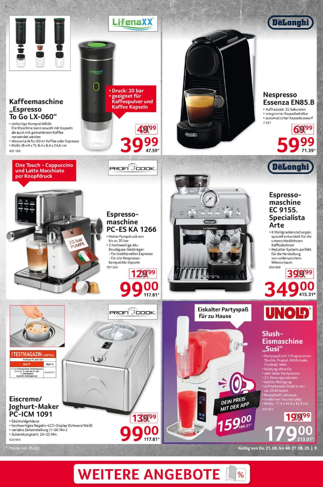 Selgros  Non Food - gültig ab dem 21.08.2025 | Seite: 9 | Produkte: Kaffeemaschine, Kaffee, Wein, Eis