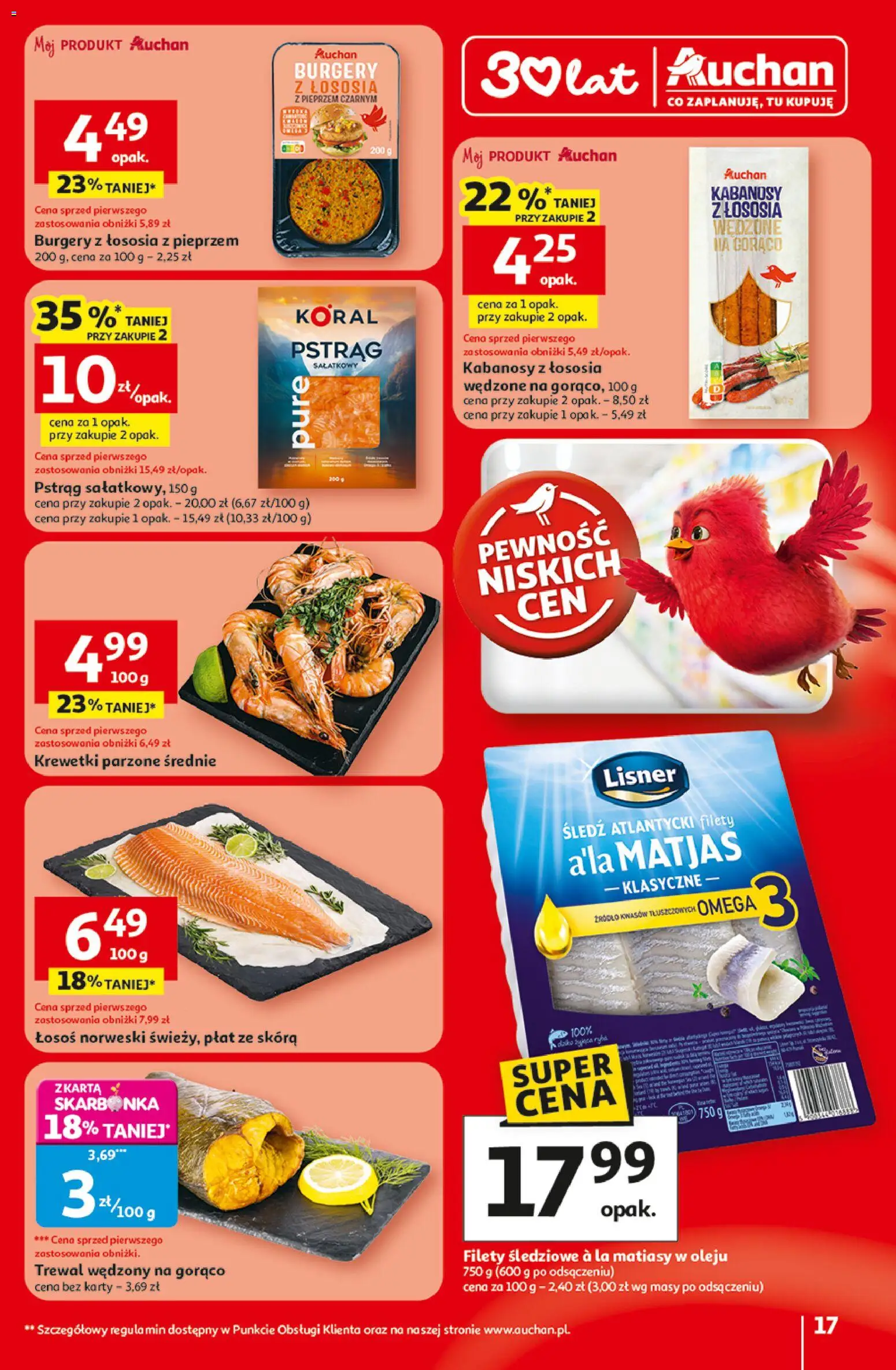 Auchan Gazetka - 30 Lat Hipermarket od 19.02.2026 | Strona: 17 | Produkty: Krewetki, Pstrąg, Łosoś, Trewal