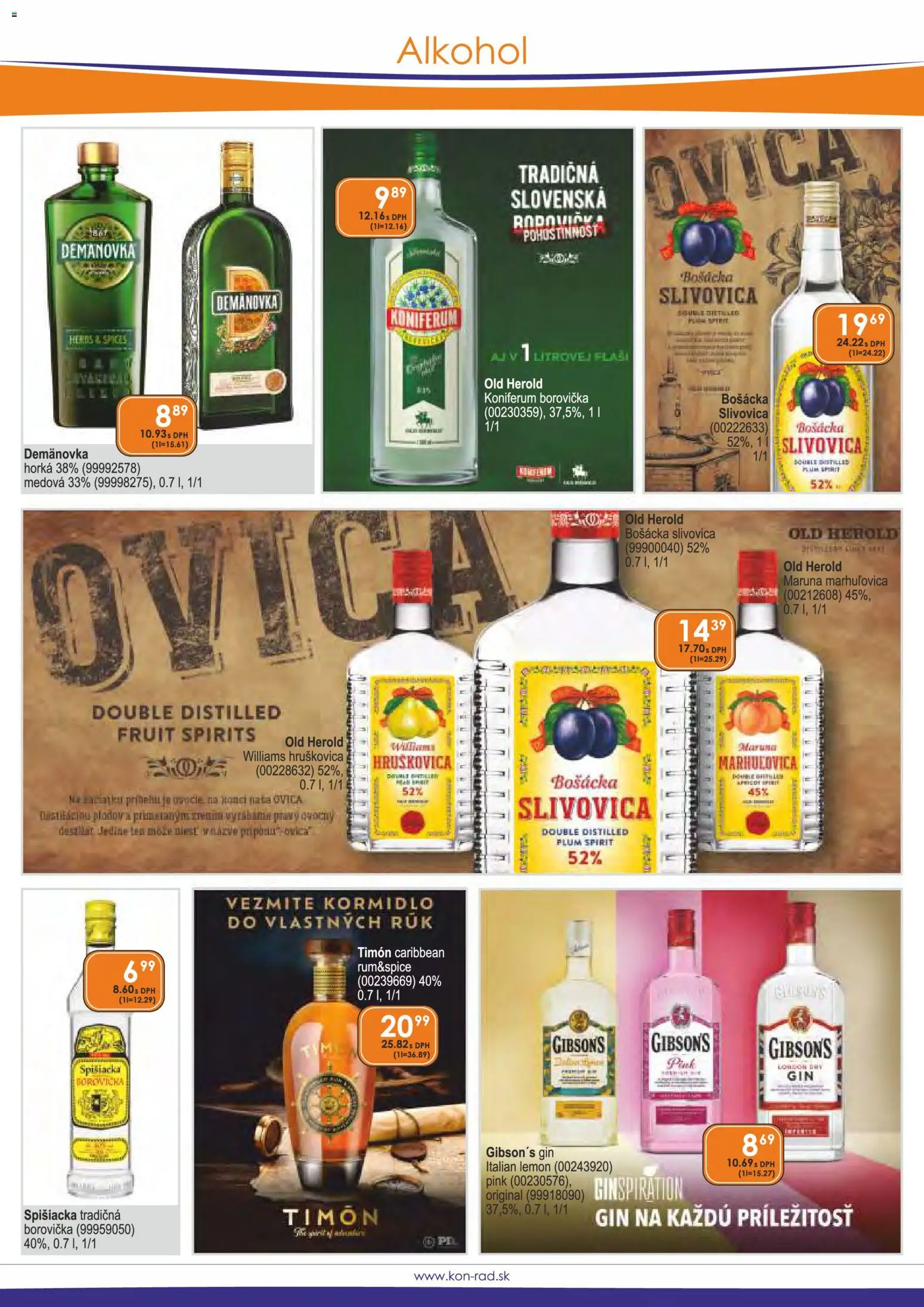 Nové KON - RAD akcie – leták je platný od 01.03.2026 | Strana: 14 | Produkty: Borovička, Slivovica, Gin, Alkohol