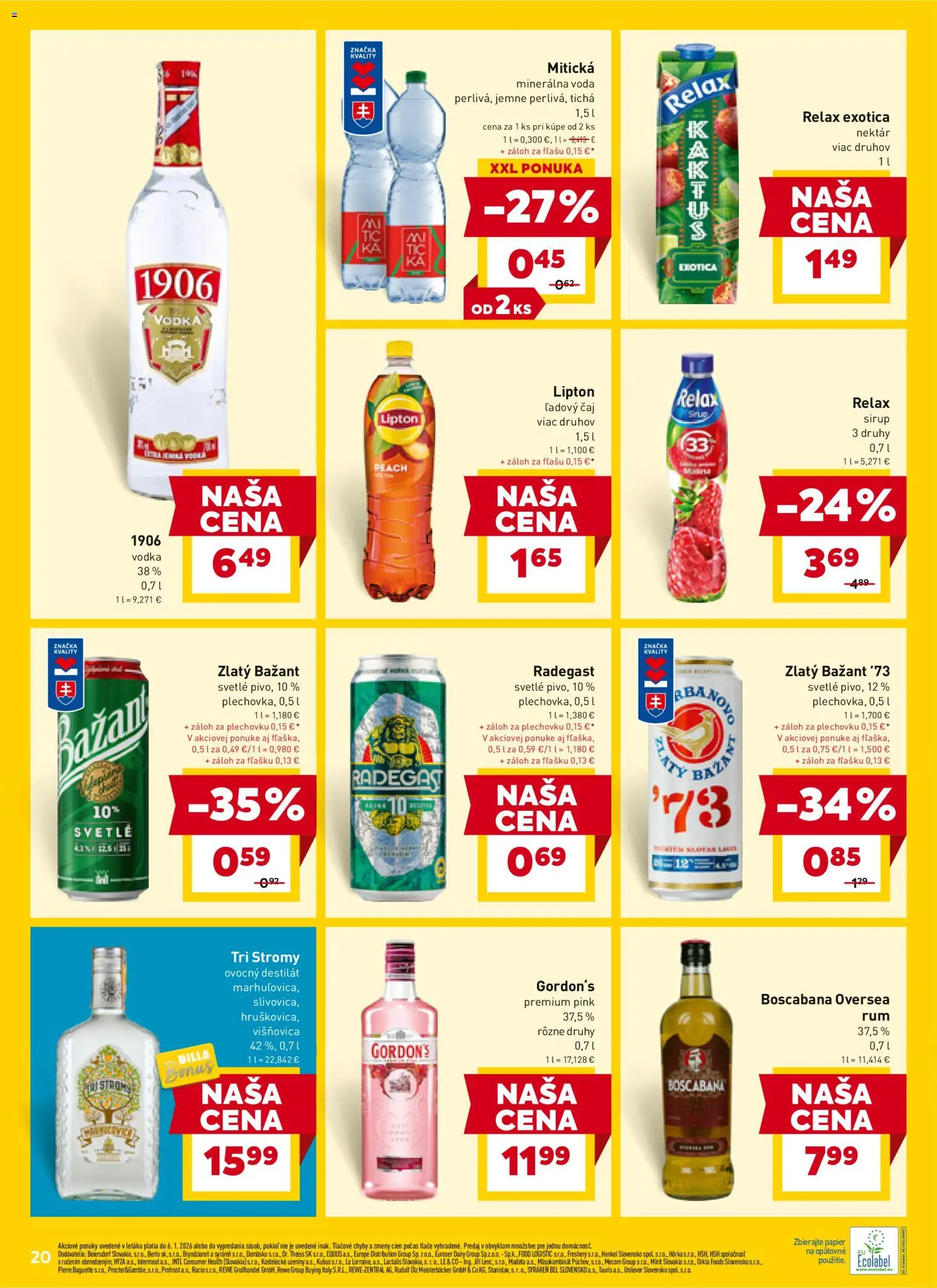 Nové Billa akcie – leták je platný od 02.01.2026 | Strana: 20 | Produkty: Zlatý Bažant, Vodka, Mitická, Destilát