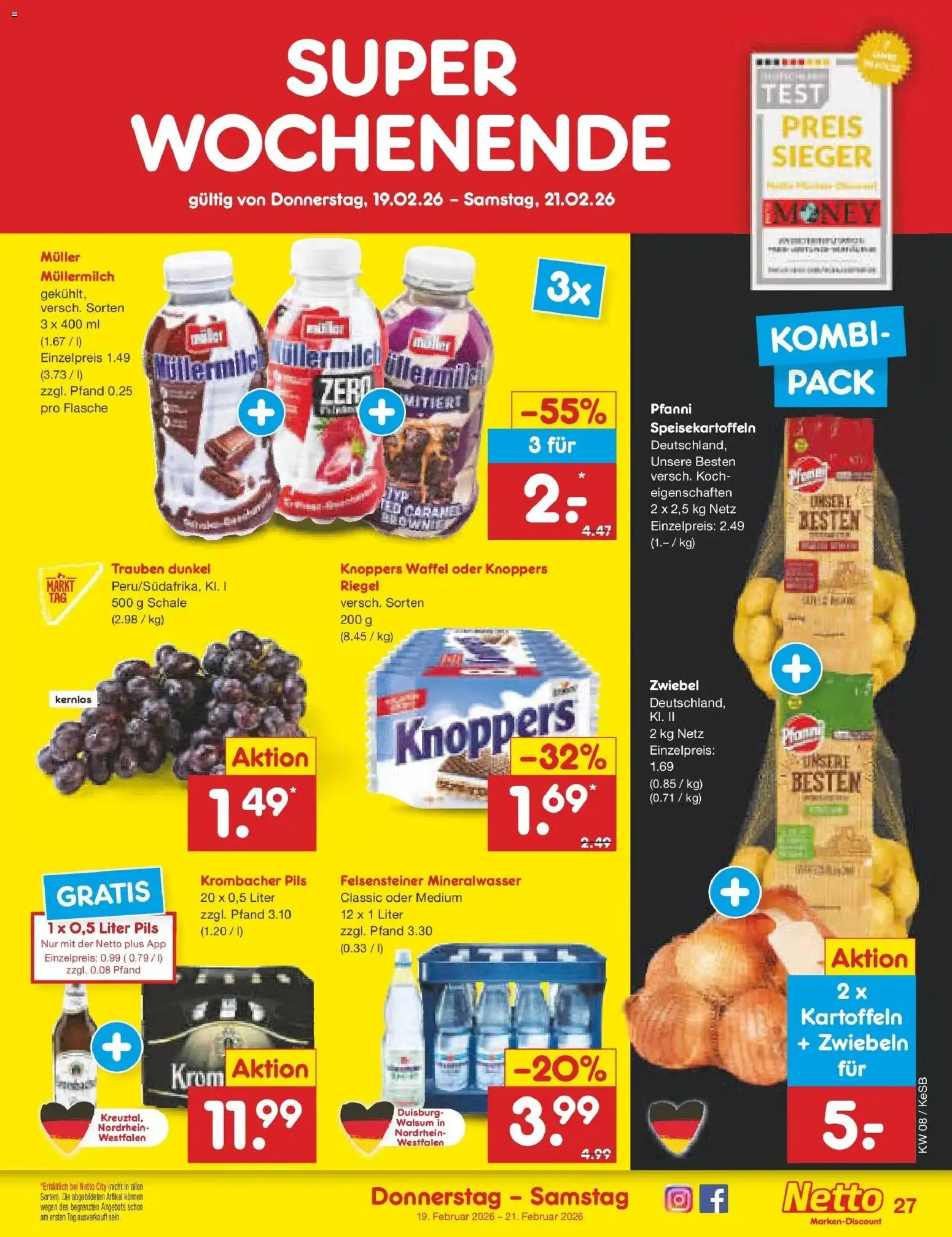 Netto Marken-Discount prospekt Kruft	 – gültig ab 16.02.2026 | Seite: 41 | Produkte: Mineralwasser, Zwiebeln, Knoppers, Muller mullermilch