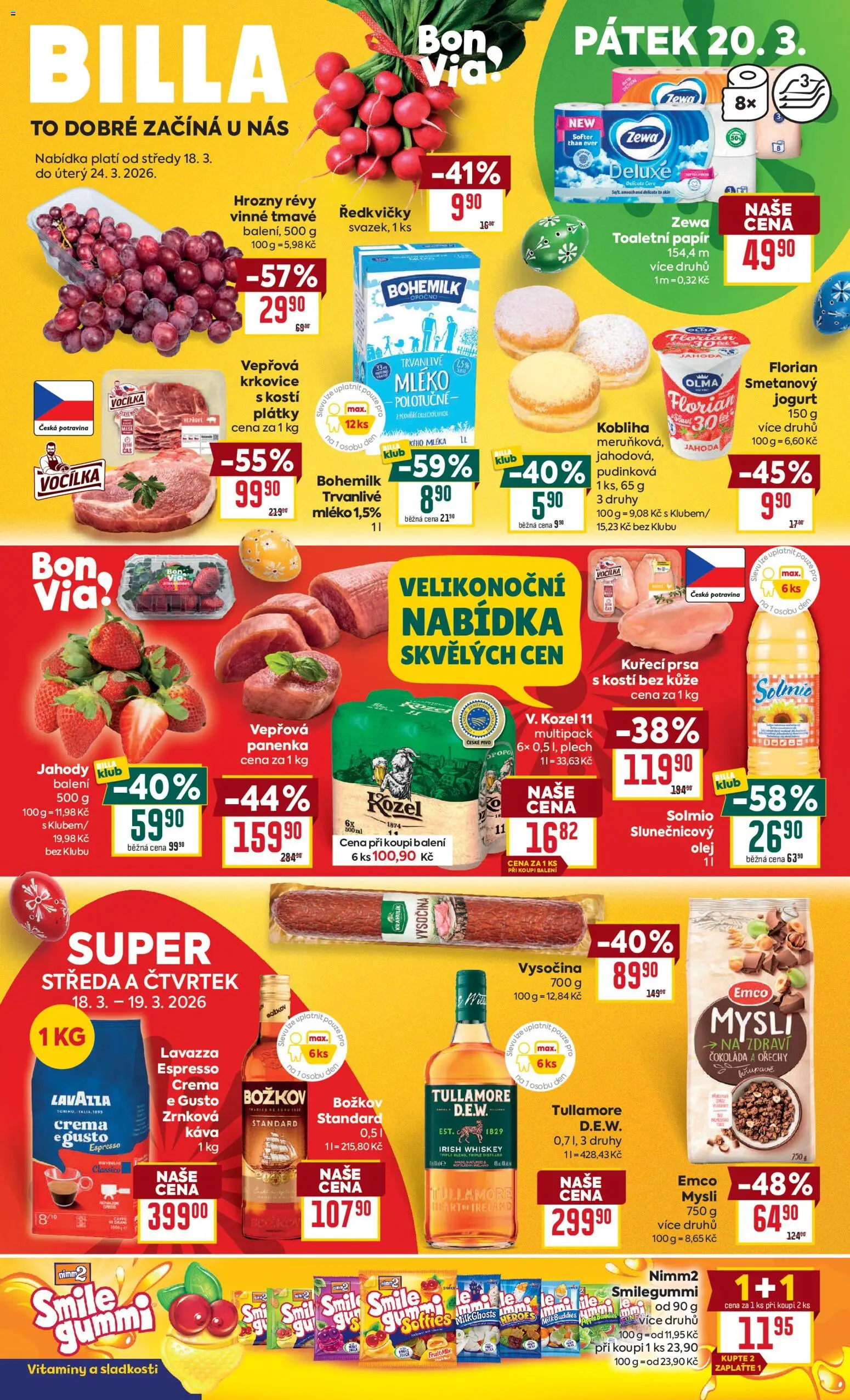 Billa Malý leták od 18.03.2026 | Strana: 1 | Produkty: Jogurt, Zewa, Crema, Vysočina