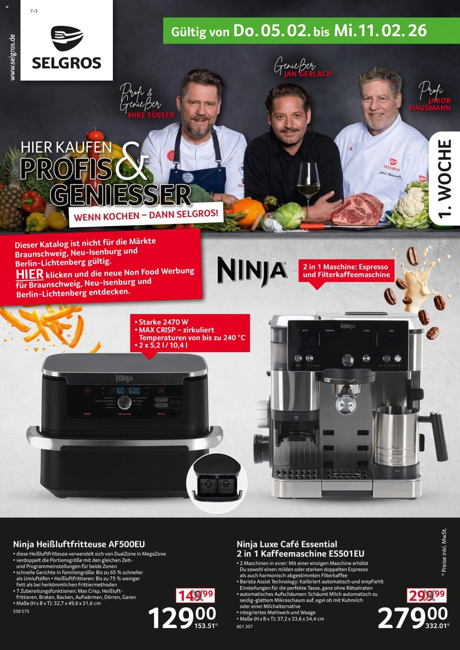 Selgros Non Food – gültig ab 05.02.2026 | Seite: 1 | Produkte: Kaffeemaschine, Milch, Filterkaffeemaschine, Heißluftfritteuse