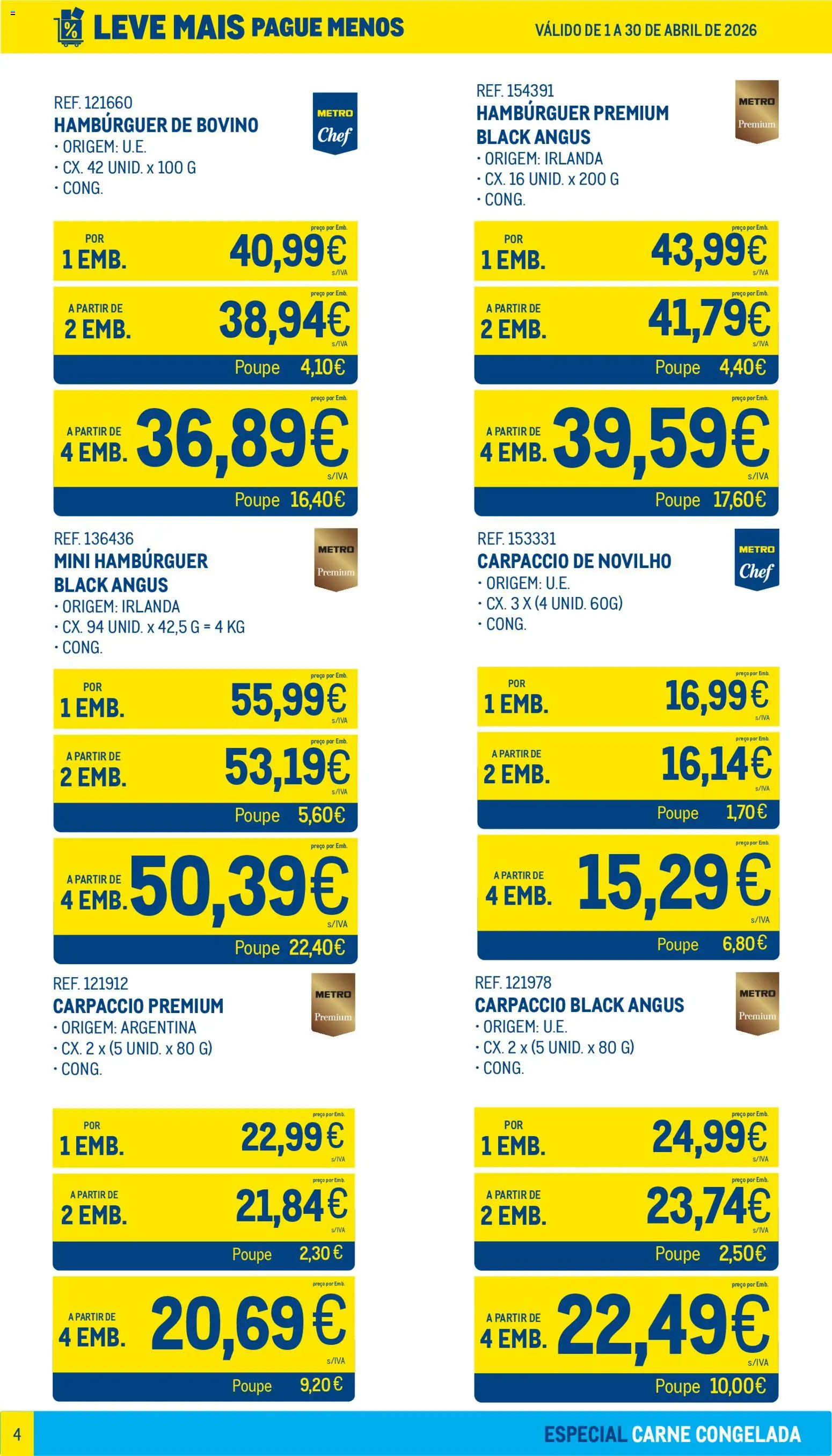 Makro Leve Mais Pague Menos - Carne Congelada │ válido de 01.04.2026 | Página: 4 | Produtos: Hambúrguer, Carpaccio de novilho, Carne