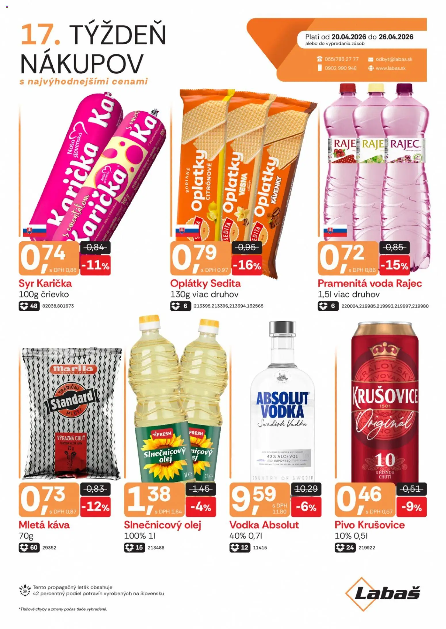 Nové Labaš akcie – leták je platný od 20.04.2026 | Strana: 1 | Produkty: Pivo, Slnečnicový olej, Vodka, Voda