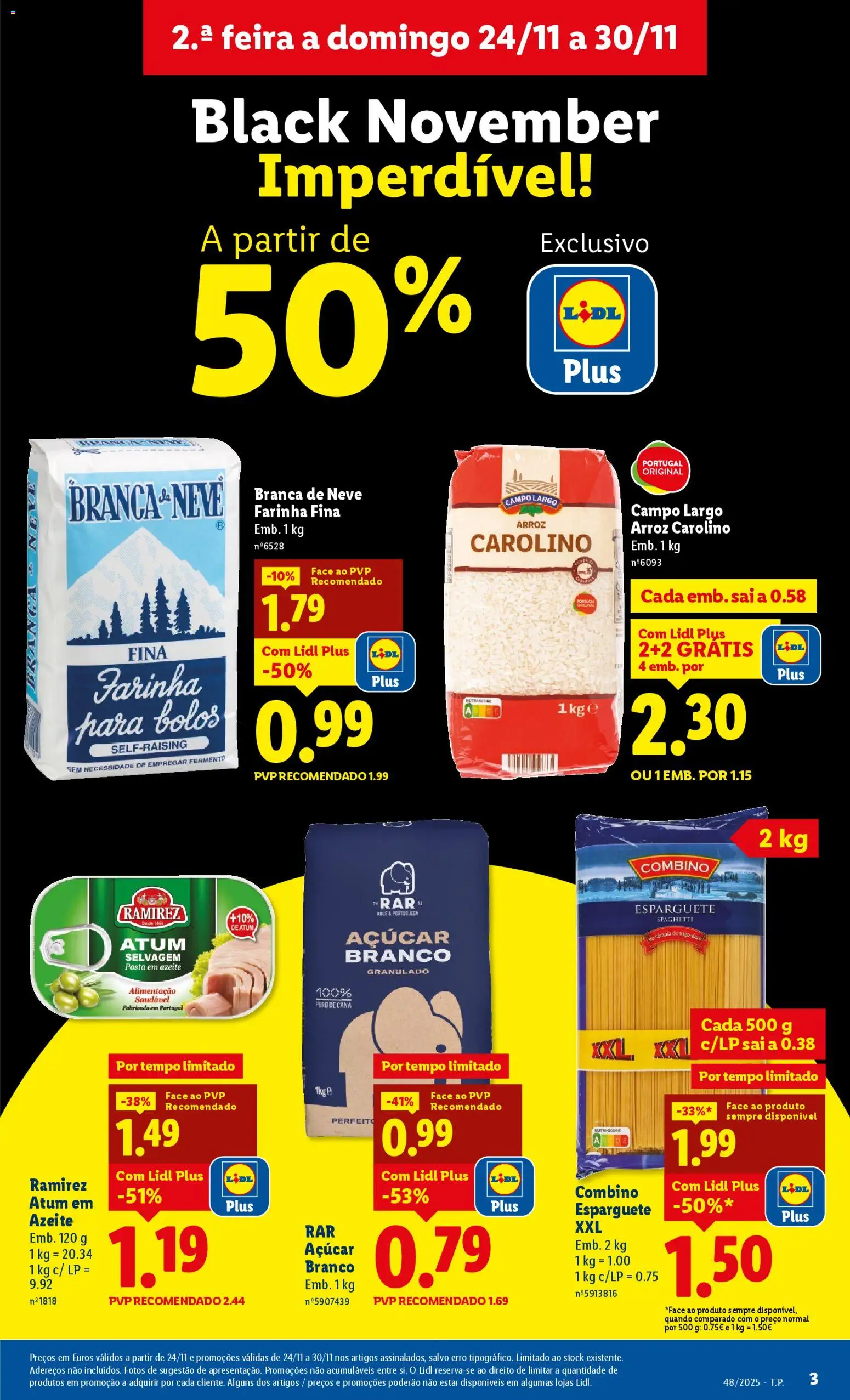 Lidl Black Friday │ válido de 24.11.2025 | Página: 3 | Produtos: Esparguete, Azeite, Arroz, Açúcar
