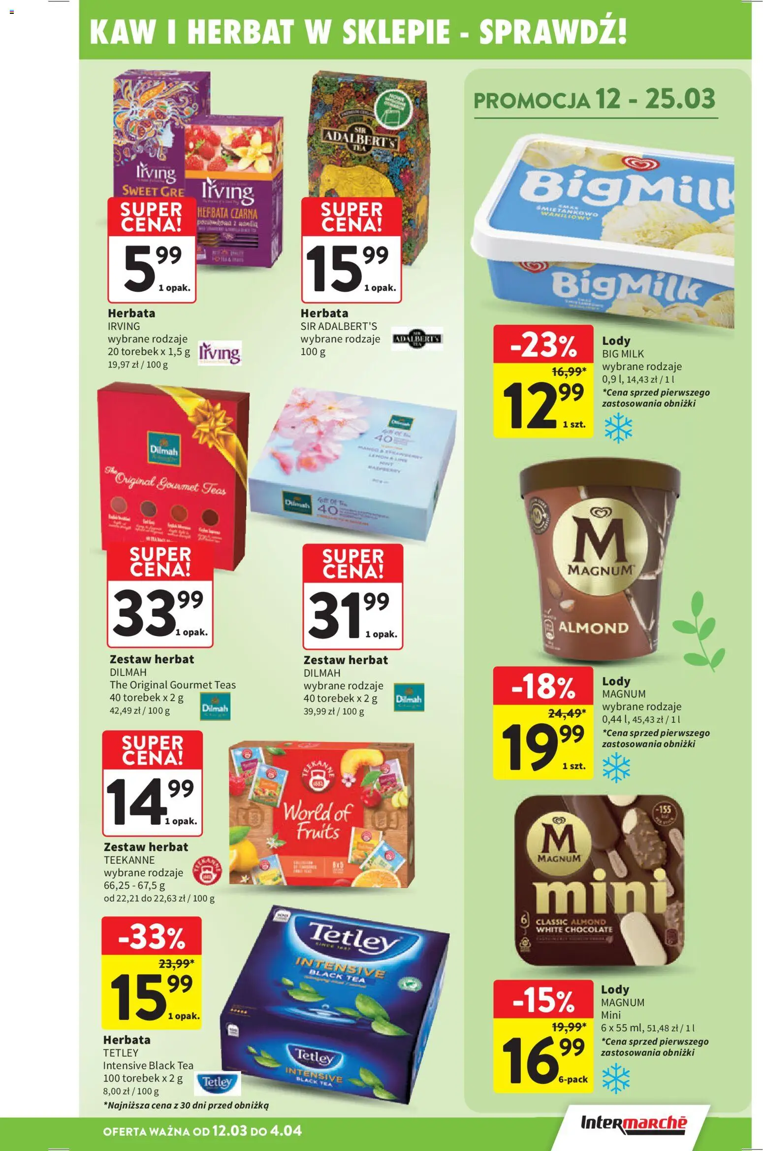 Intermarche gazetka od 12.03.2026 | Strona: 15 | Produkty: Big Milk, Herbata, Lody Magnum, Lody
