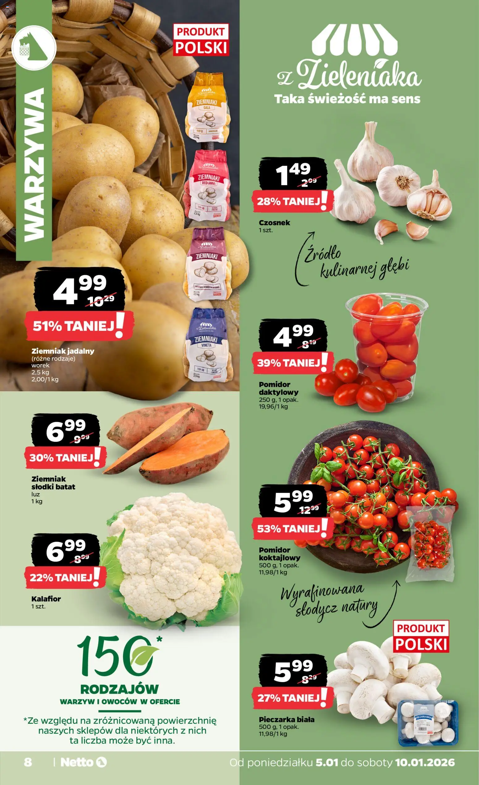 Netto gazetka - Spożywcza od 05.01.2026 | Strona: 8 | Produkty: Kalafior, Batat, Ziemniaki, Warzywa