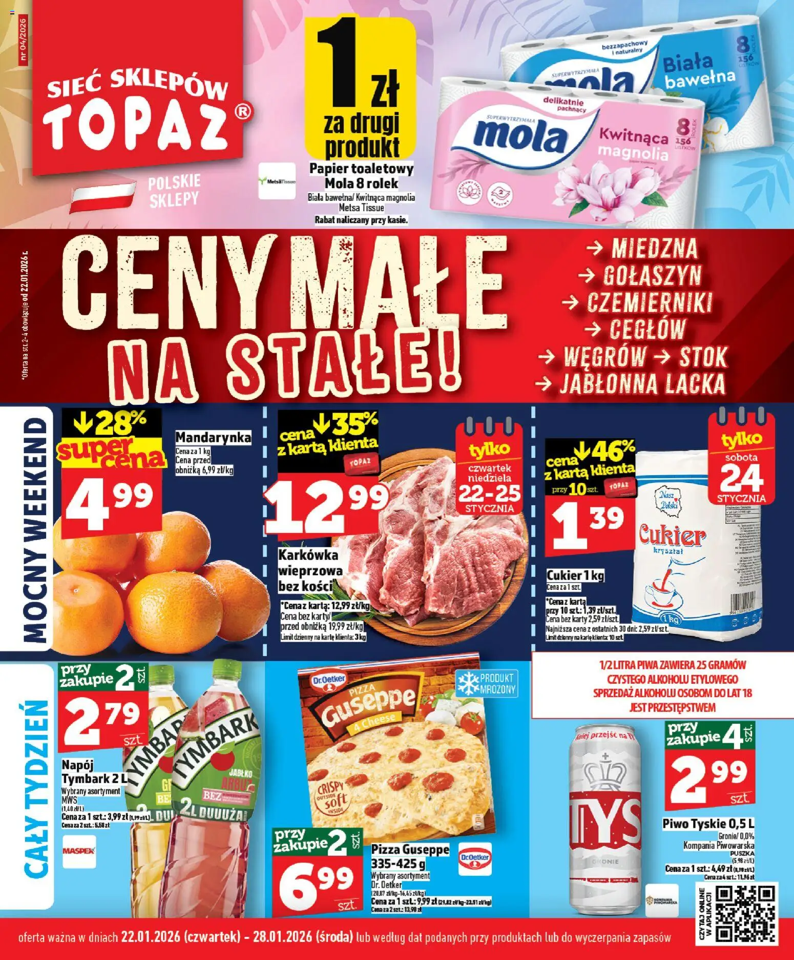 Topaz Gazetka - Ceny małe na stałe od 22.01.2026 | Strona: 1 | Produkty: Papier toaletowy, Pizza, Piwo, Cukier