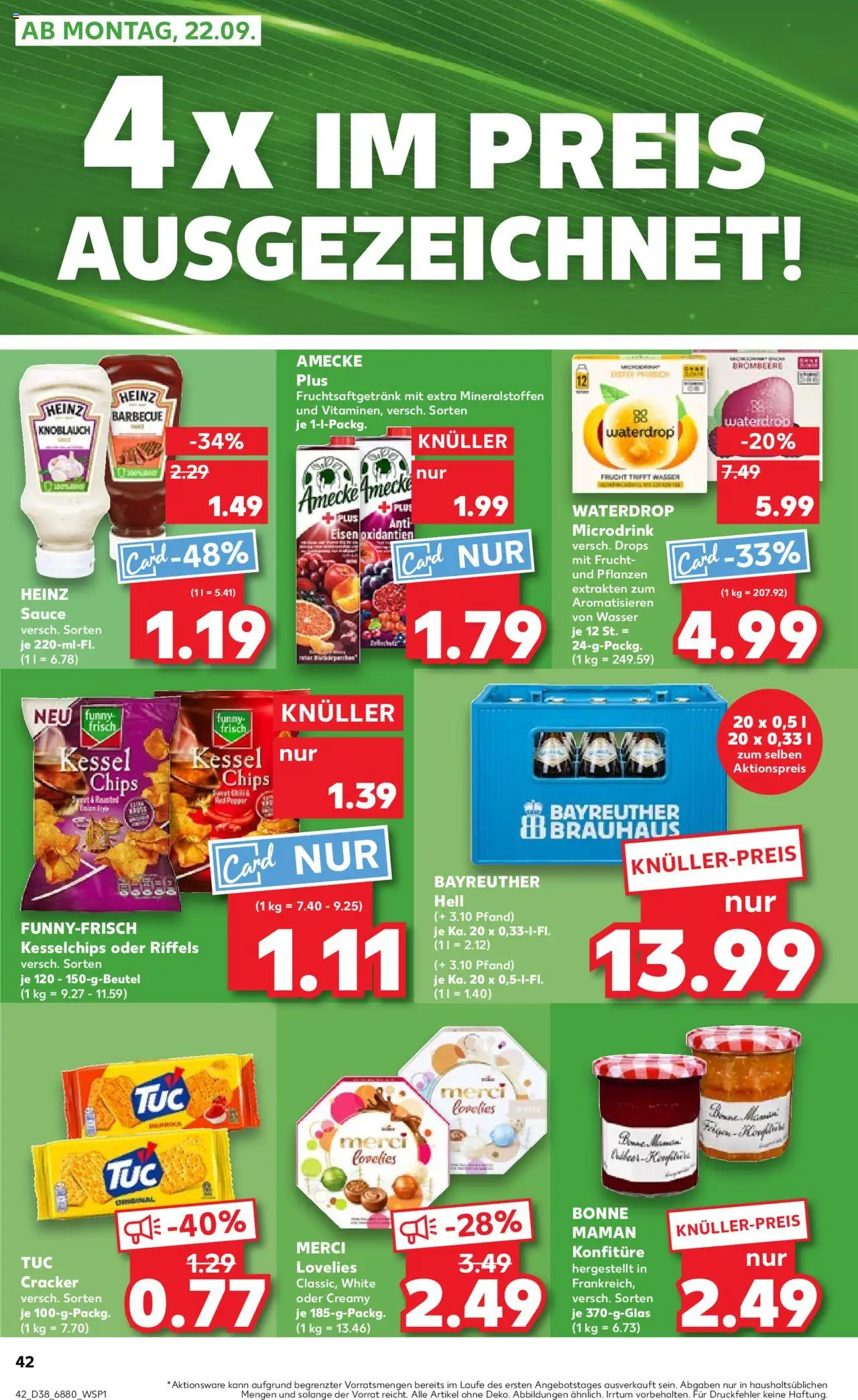Kaufland prospekt Völklingen	 – gültig ab 18.09.2025 | Seite: 42 | Produkte: Bayreuther hell, Merci, Knoblauch, Pfirsich