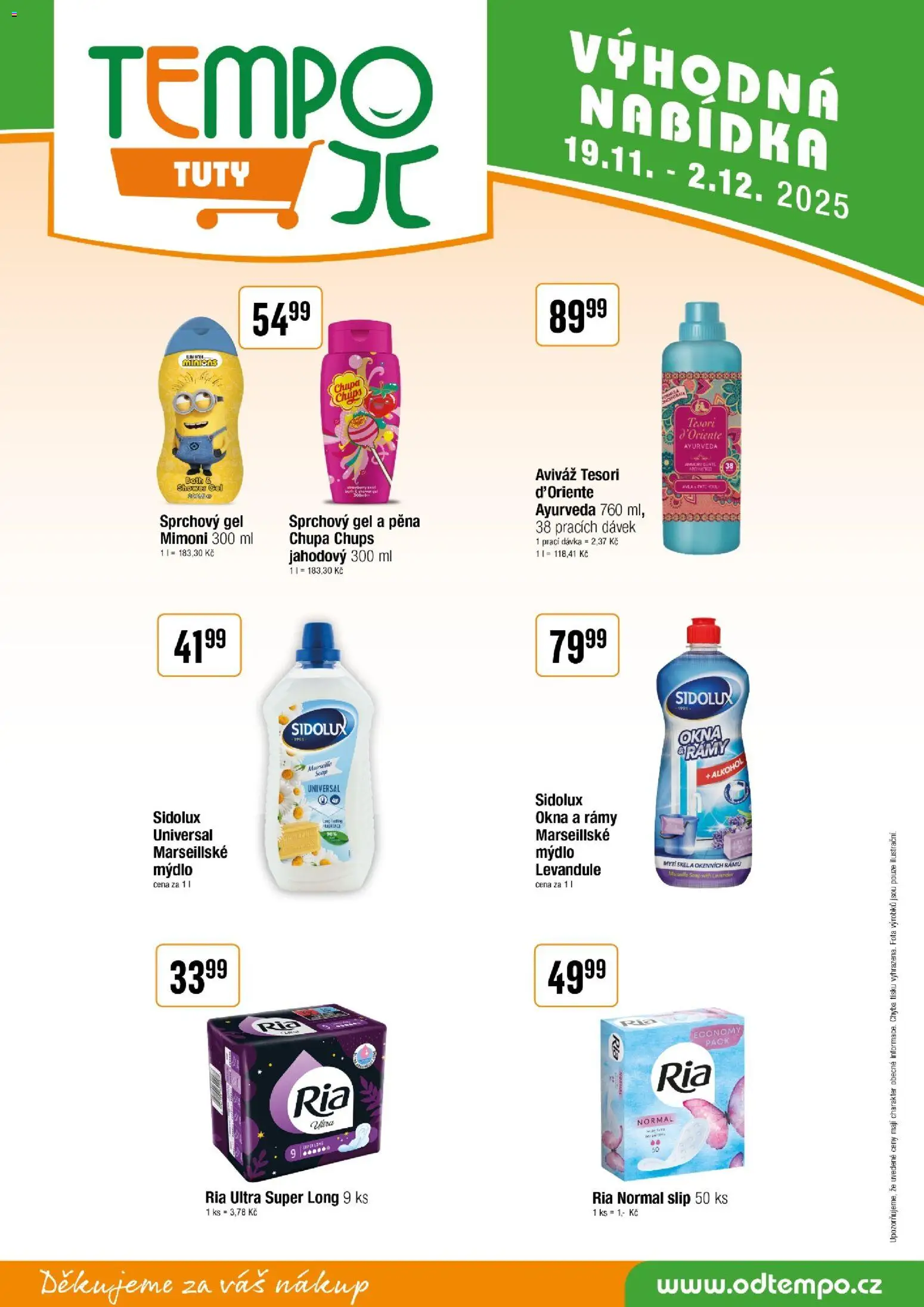 Tempo leták - Tuty od 19.11.2025 | Strana: 14 | Produkty: Sprchový gel, Aviváž, Marseillské mýdlo, Sidolux