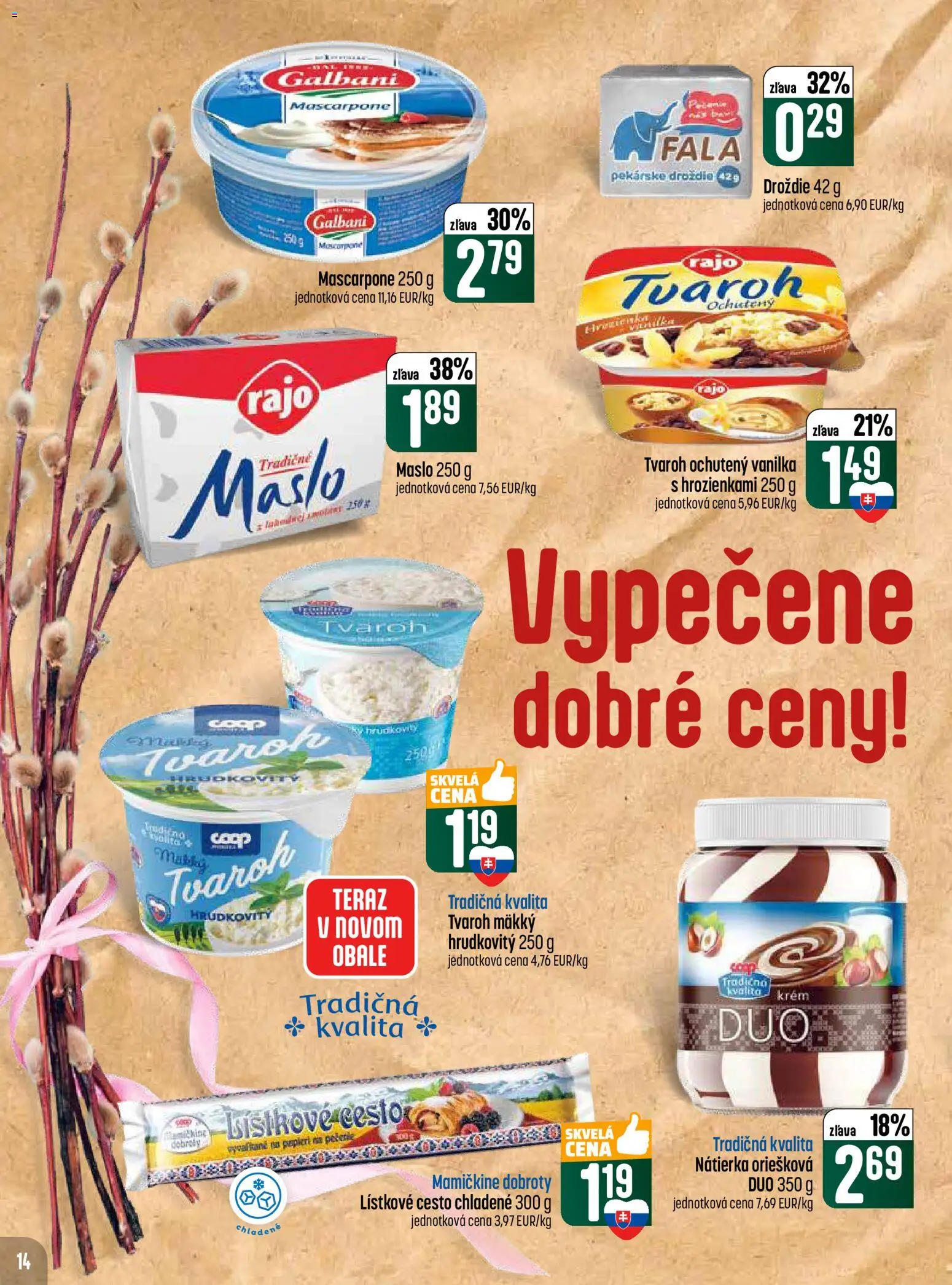 Nové COOP Jednota akcie – leták je platný od 26.03.2026 | Strana: 14 | Produkty: Maslo, Lístkové cesto, Krém, Mascarpone