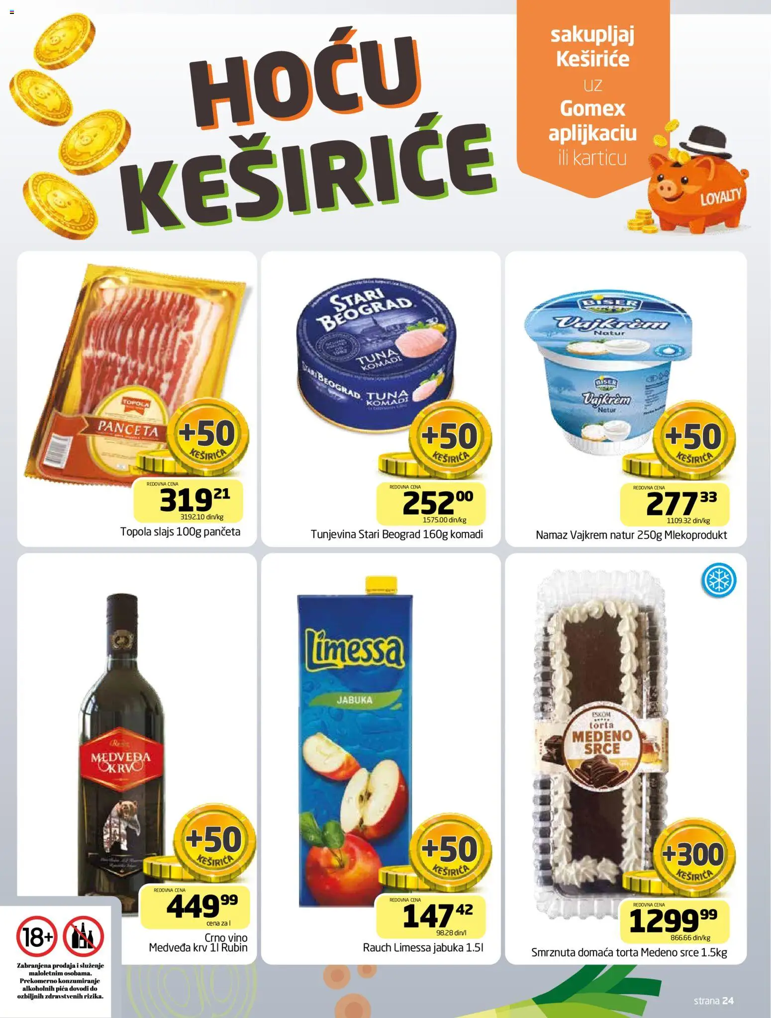 Gomex katalog - važi od 18.03.2026 | Strana: 24 | Proizvode: Panceta, Pica, Vino, Torta