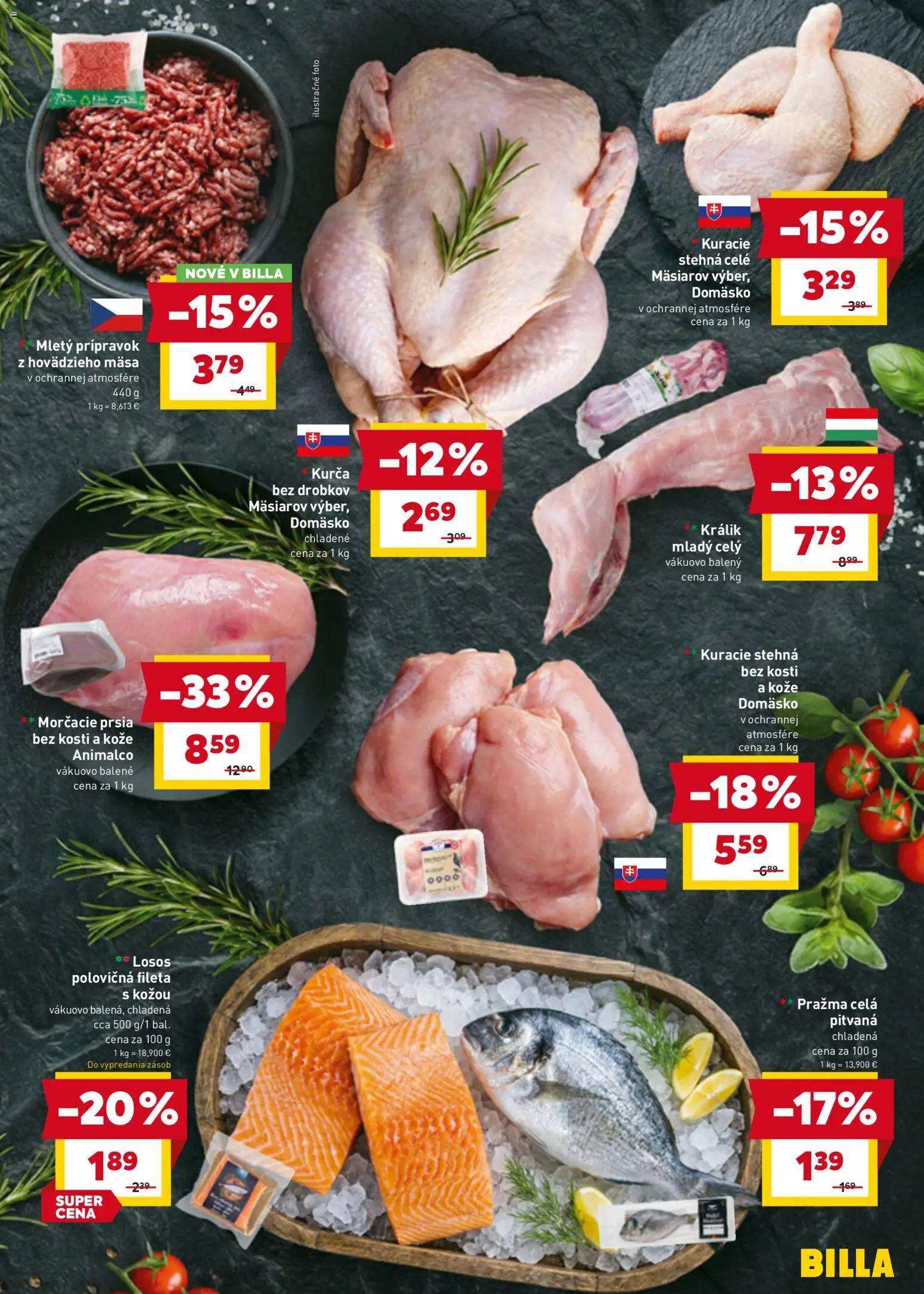 Nové Billa akcie – leták je platný od 07.04.2026 | Strana: 7 | Produkty: Kuracie stehná, Losos, Kurča