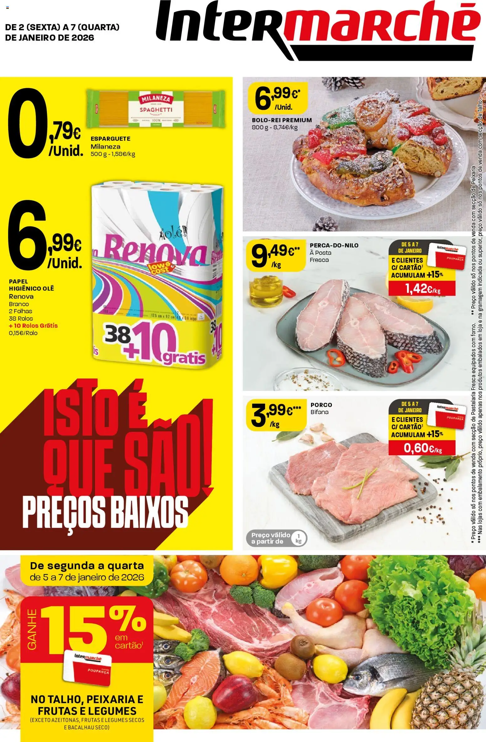 Intermarché folheto │ válido de 02.01.2026 | Página: 1 | Produtos: Esparguete, Bacalhau, Papel higiénico, Milaneza