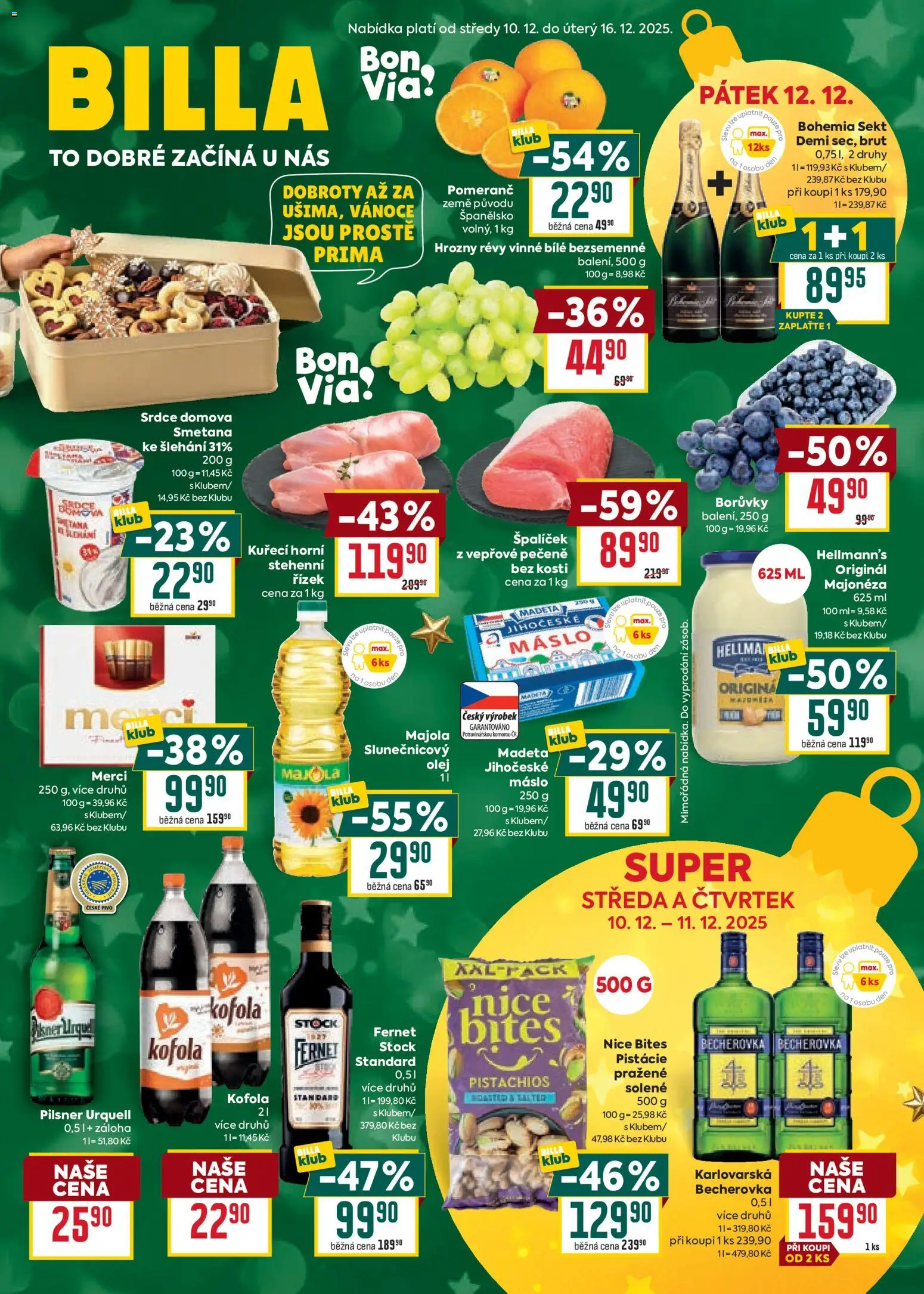 Billa Velký leták od 10.12.2025 | Strana: 1 | Produkty: Pilsner, Sekt, Hellmann's, Kofola
