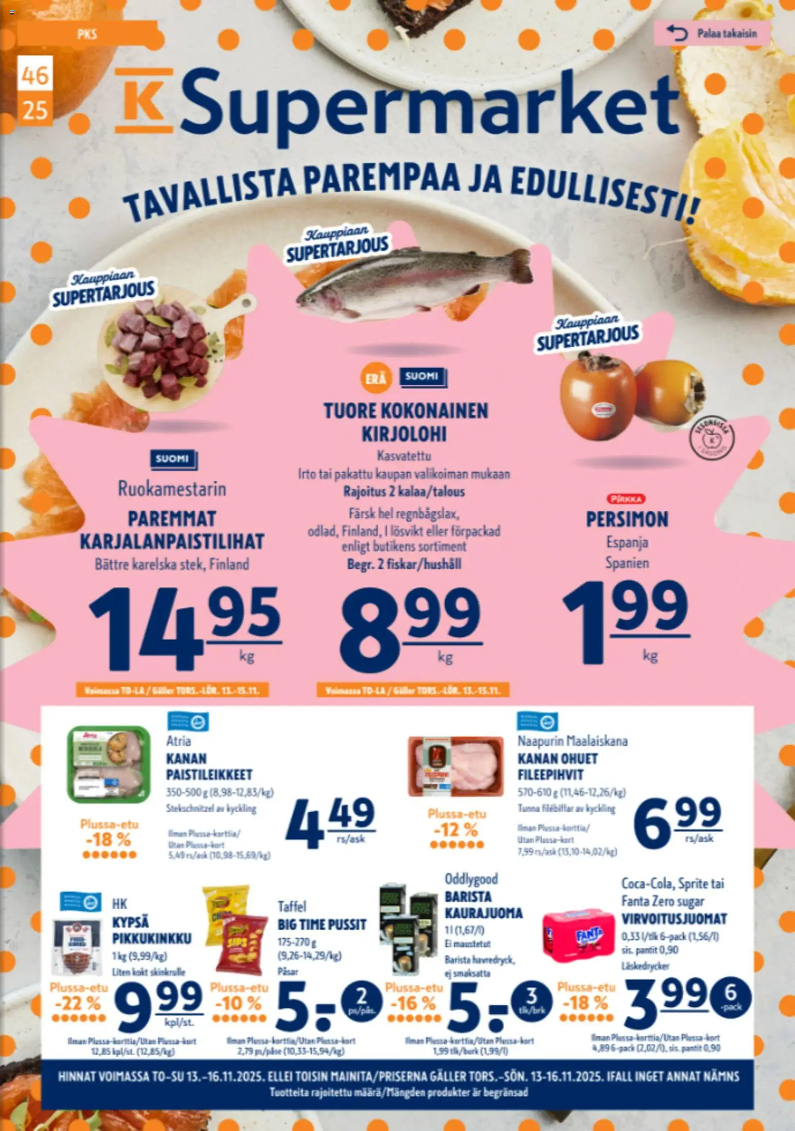 K-Supermarket tarjoukset – voimassa 13.11.2025 alkaen | Sivu: 1 | Tuotteet: Kirjolohi, Virvoitusjuomat, Sprite, Fanta