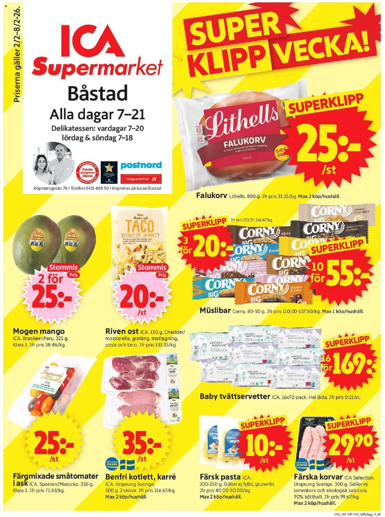 ICA Supermarket reklamblad aktuell från 02.02.2026 | Sida: 1 | Produkter: Galler, Falukorv, Ost, Mango