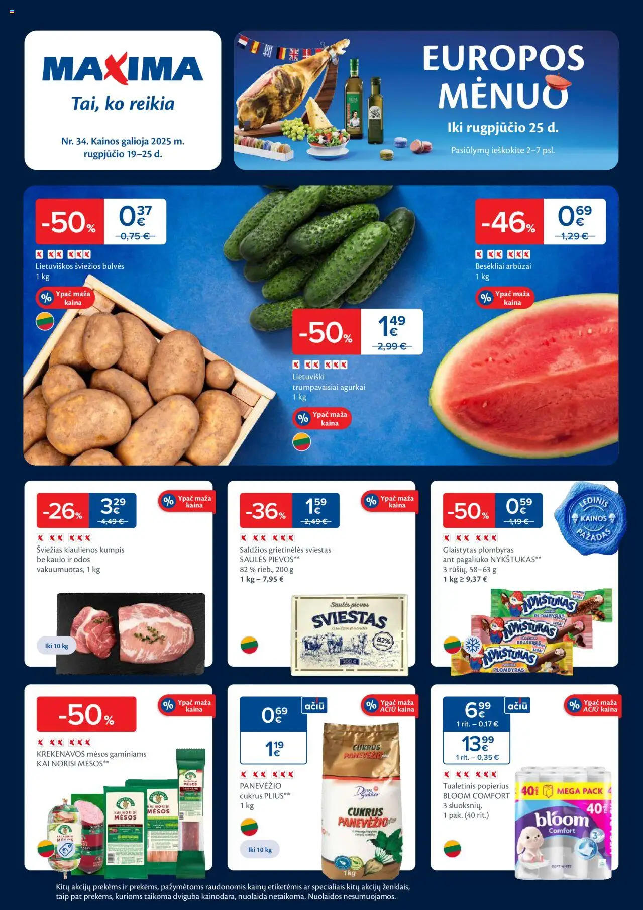 MAXIMA leidinys│galioja nuo 19.08.2025 | Puslapis: 1 | Prekių: Agurkai, Bulvės, Kumpis, Cukrus