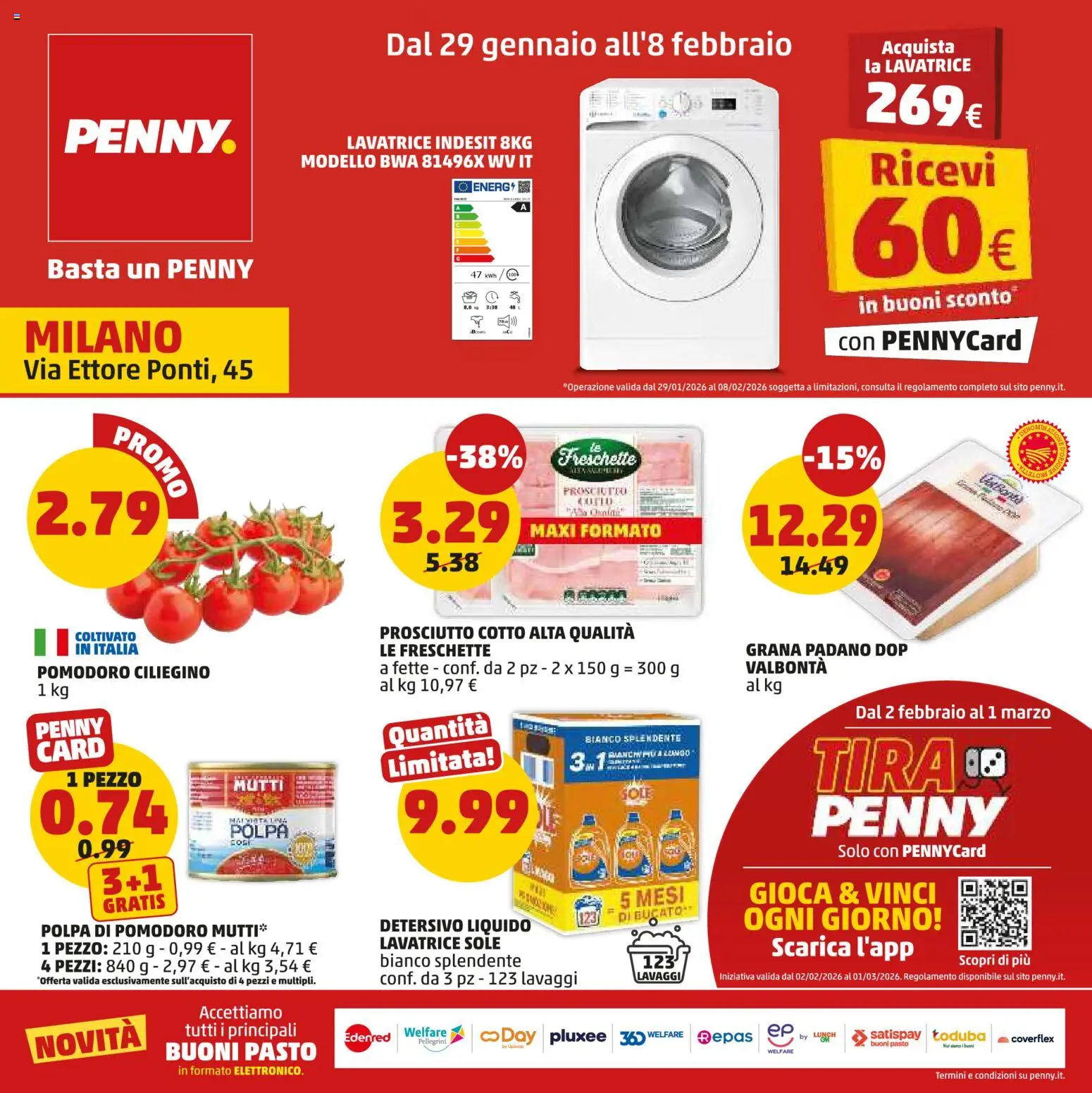 Volantino PENNY del 29.01.2026 | Pagina: 1 | Prodotti: Prosciutto Cotto, Pomodoro, Lavatrice, Grana Padano