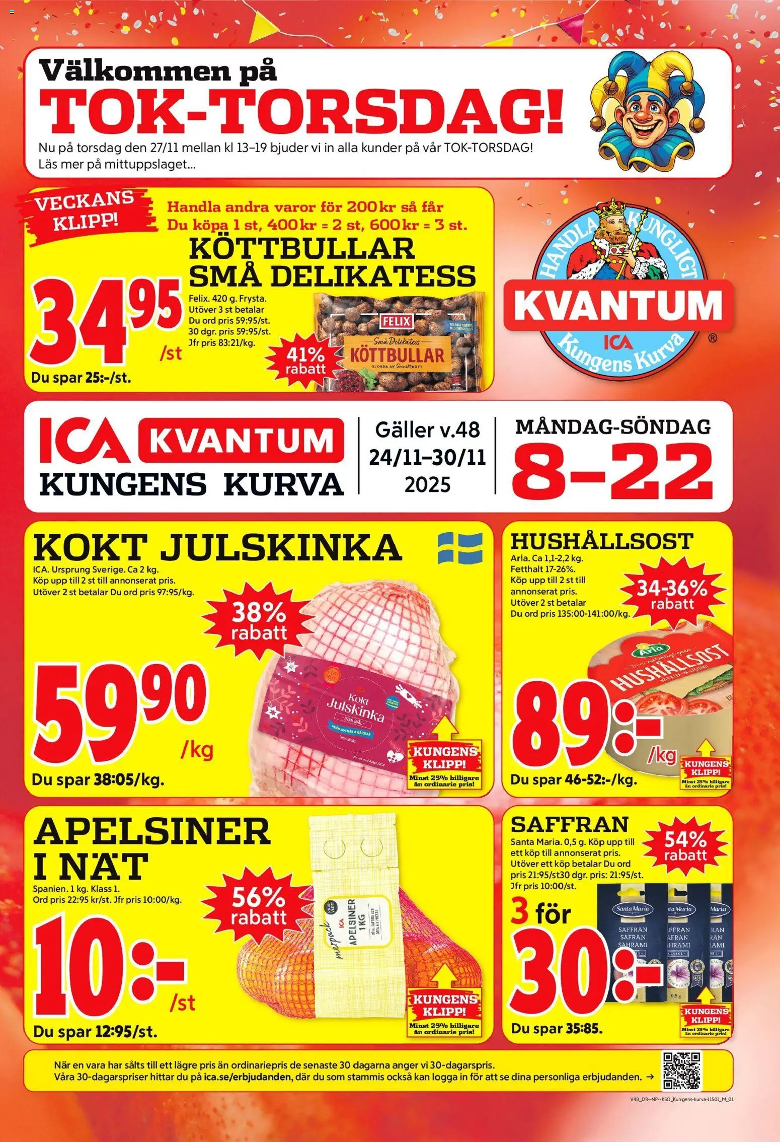 ICA Kvantum reklamblad aktuell från 24.11.2025 | Sida: 1 | Produkter: Köttbullar, Galler, Saffran, Apelsiner