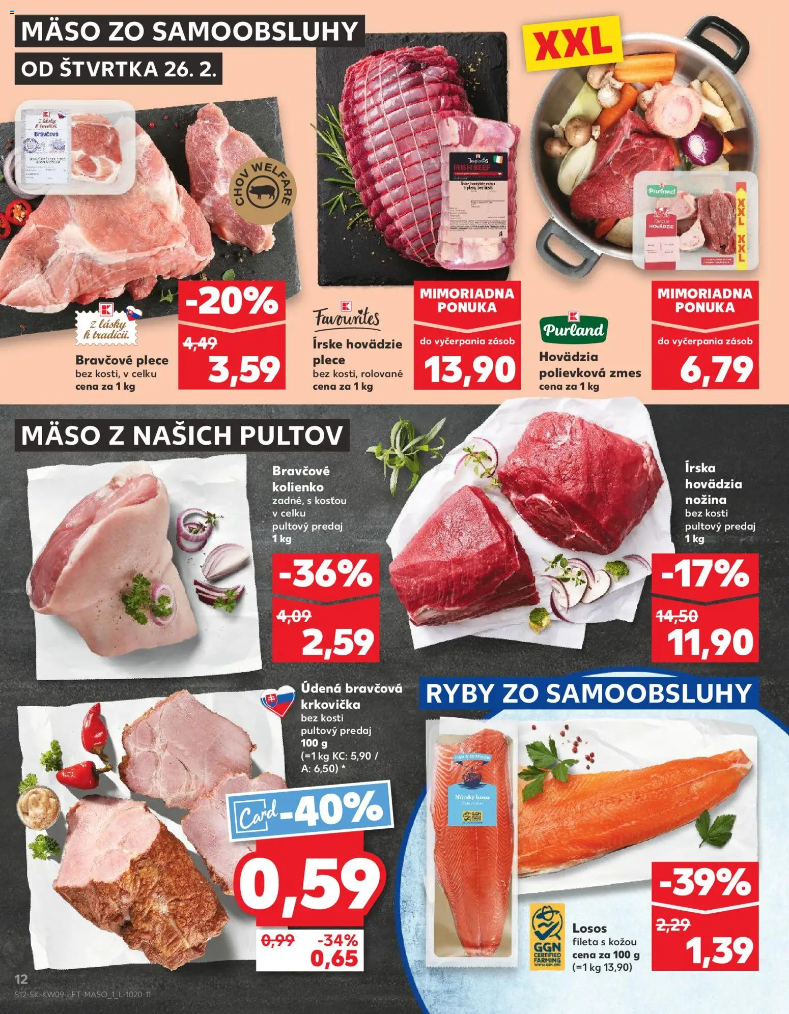Nové Kaufland akcie – leták je platný od 26.02.2026 | Strana: 12 | Produkty: Ryby, Bravčová krkovička, Bravčové plece, Losos