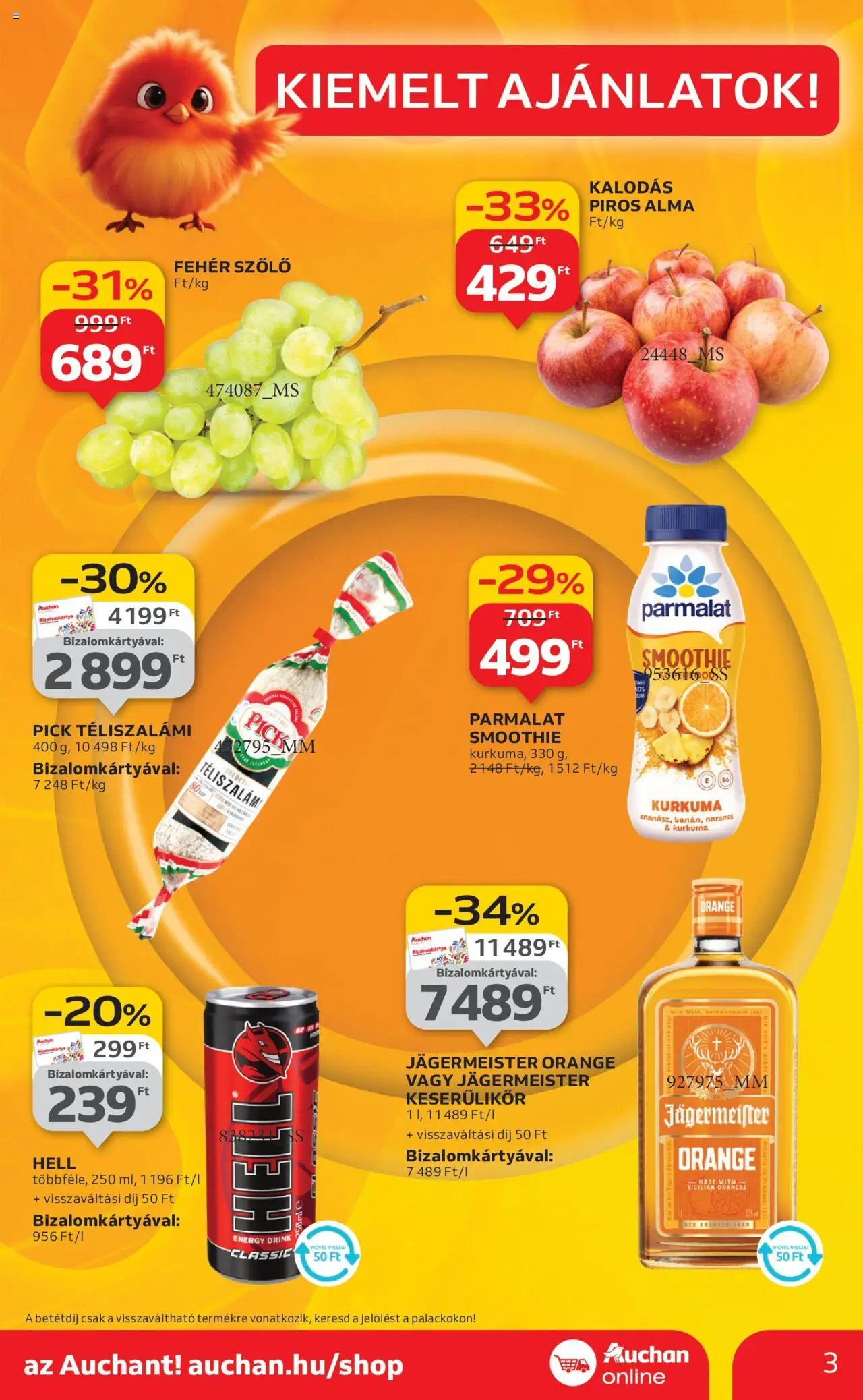 Auchan akciós ujság - amely érvényes a következő dátumtól: 09.10.2025 | Oldal: 3 | Termékek: Jägermeister, Szőlő, Pick téliszalámi, Pick
