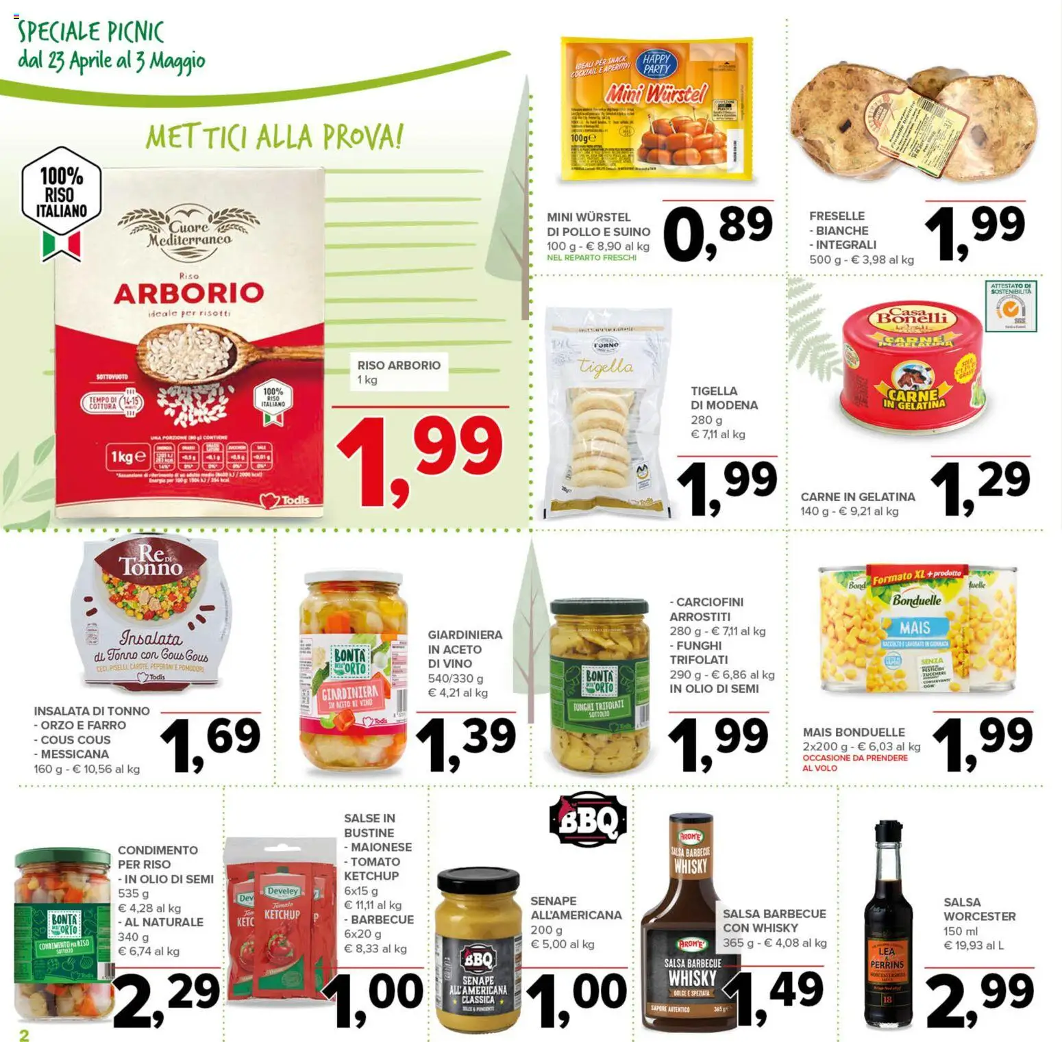 Volantino Todis del 23.04.2026 | Pagina: 2 | Prodotti: Olio, Piselli, Mais, Salsa barbecue