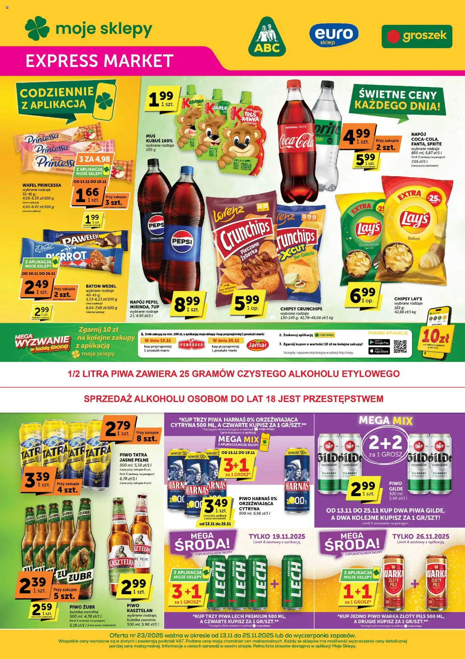 Groszek Gazetka - Expressmarket od 13.11.2025 | Strona: 1 | Produkty: Piwo żubr, Groszek, Sprite, Harnaś