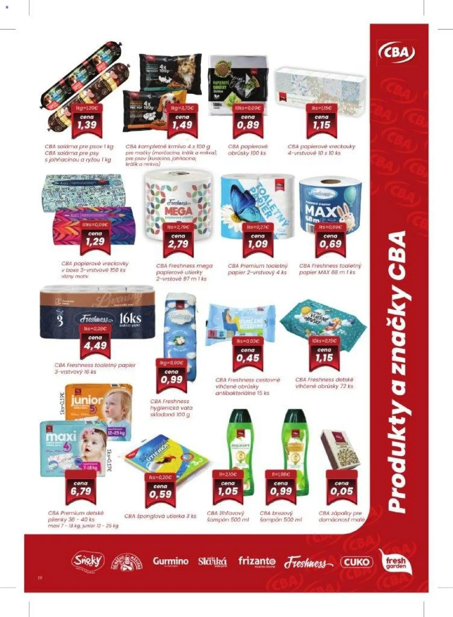 Nové KARMEN CBA akcie – leták je platný od 05.03.2026 | Strana: 19 | Produkty: Saláma, Šampón, Toaletný papier, Plienky