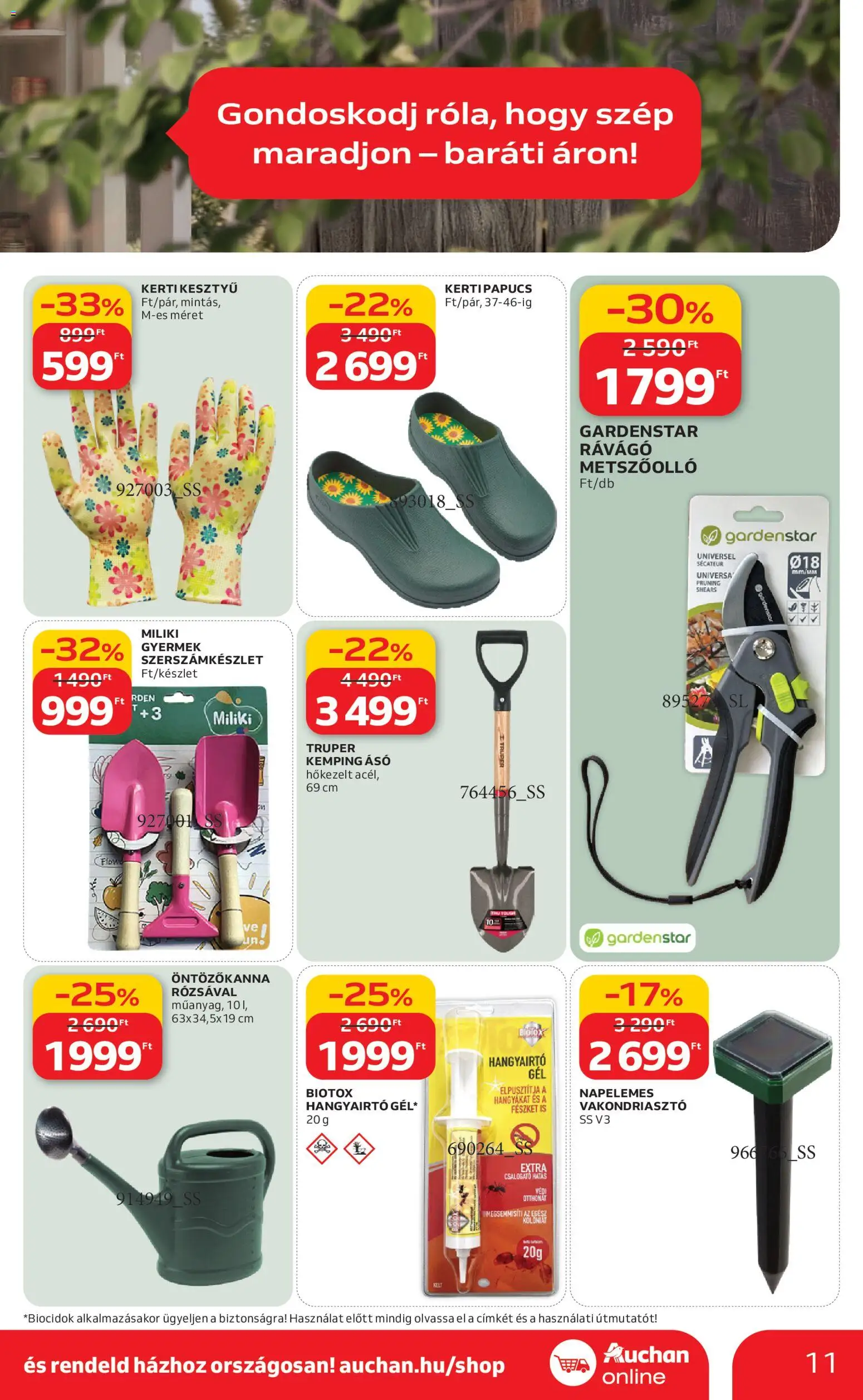 Auchan akciós ujság - amely érvényes a következő dátumtól: 05.03.2026 | Oldal: 11 | Termékek: Vakondriasztó, Öntözőkanna, Hangyairtó, Metszőolló