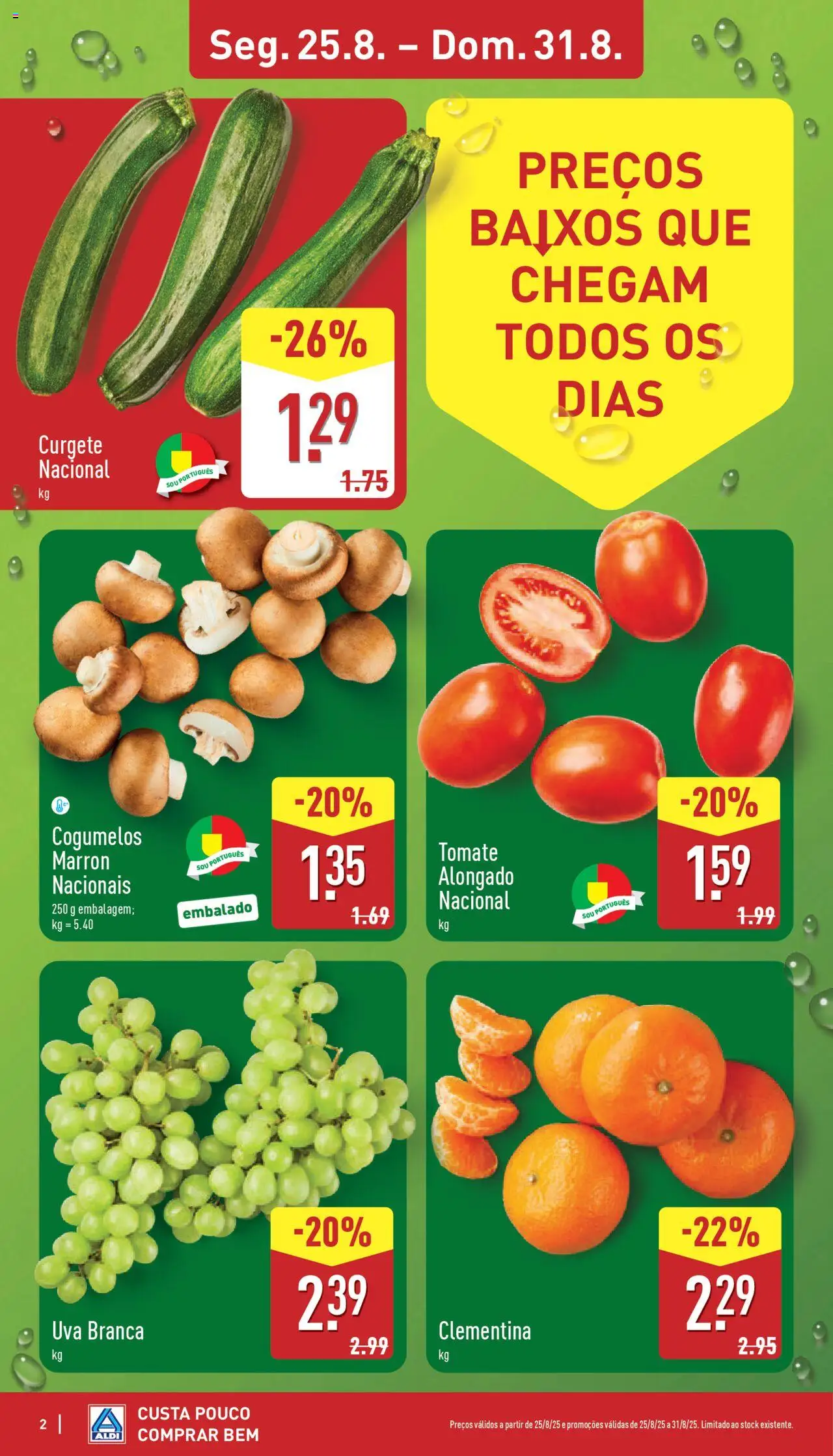 Aldi folheto │ válido de 25.08.2025 | Página: 2 | Produtos: Curgete, Tomate, Cogumelos