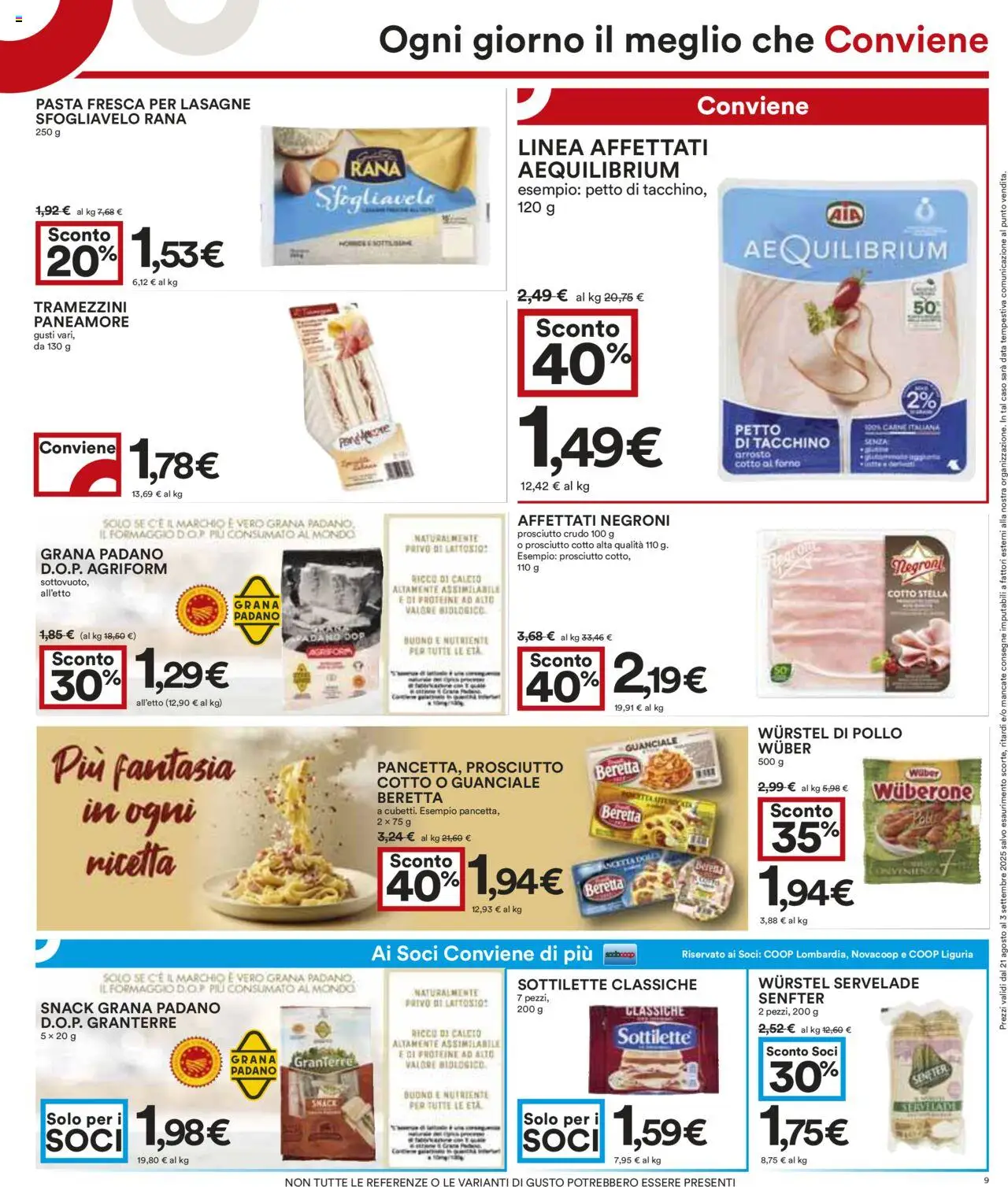 Volantino COOP del 21.08.2025 | Pagina: 9 | Prodotti: Prosciutto Crudo, Pollo, Pasta, Wurstel