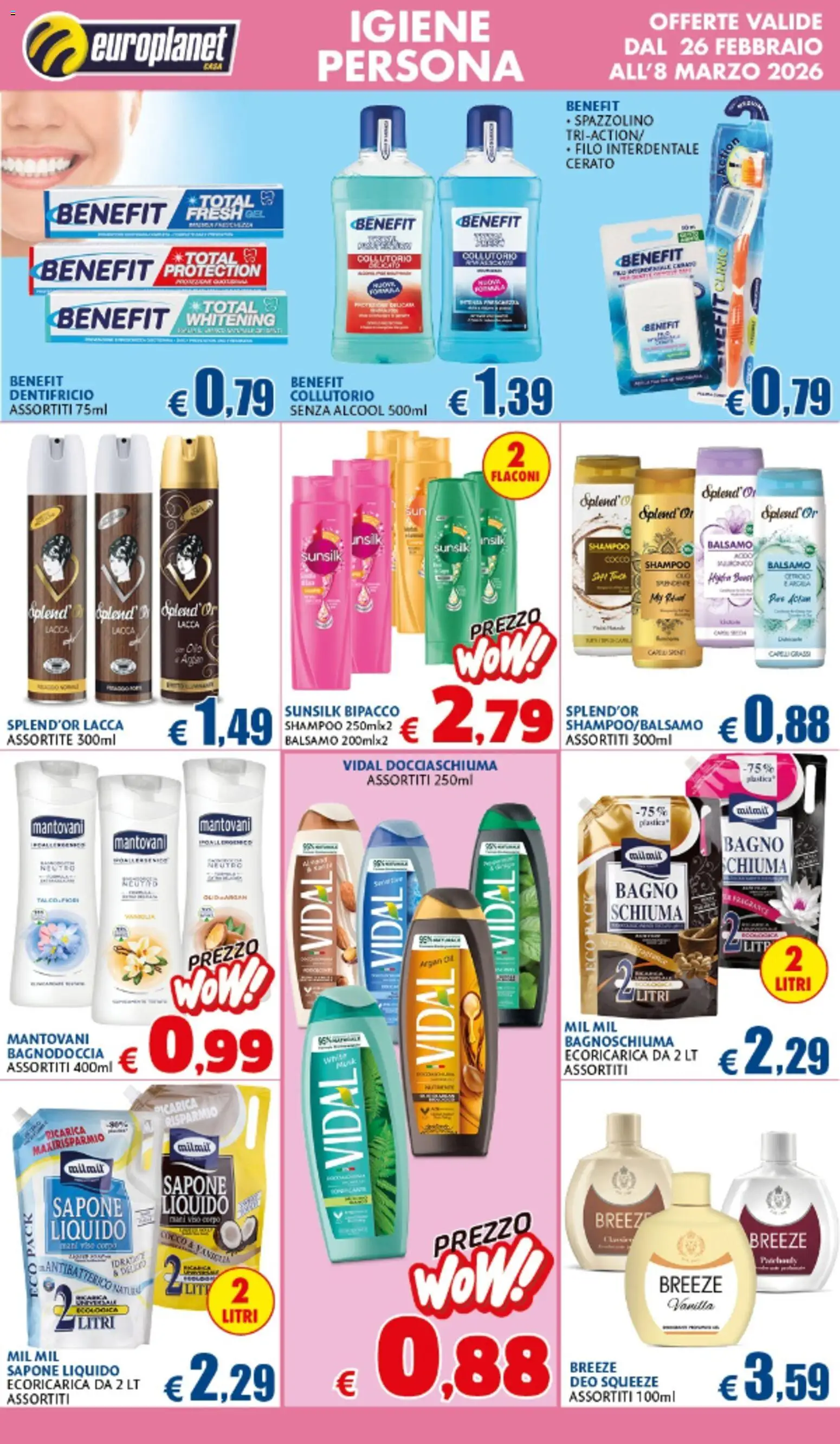 Volantino Europlanet Casa del 26.02.2026 | Pagina: 2 | Prodotti: Balsamo, Dentifricio, Spazzolino, Bagno