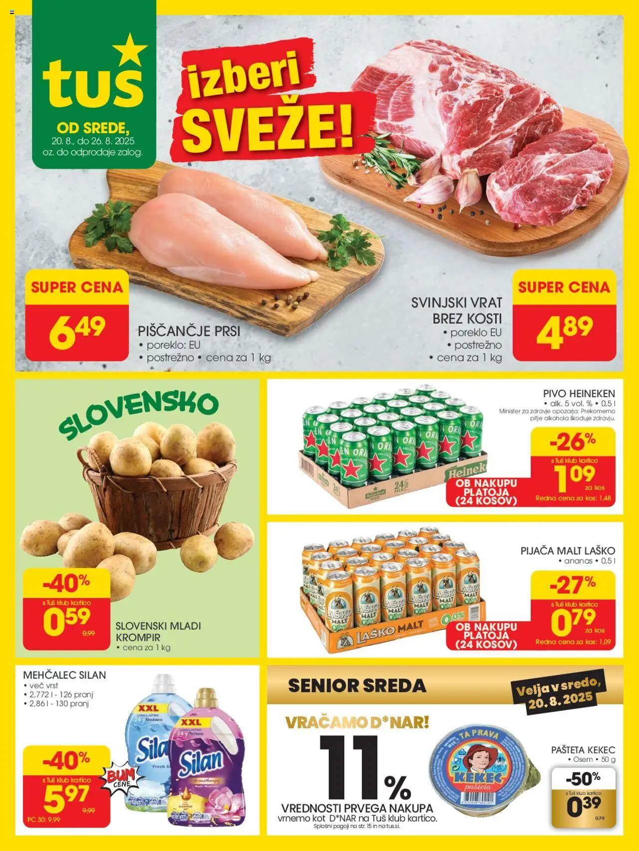 Tuš katalog │ velja od 20.08.2025 | Stran: 1 | Izdelki: Falafel, Pašteta, Kos, Pivo