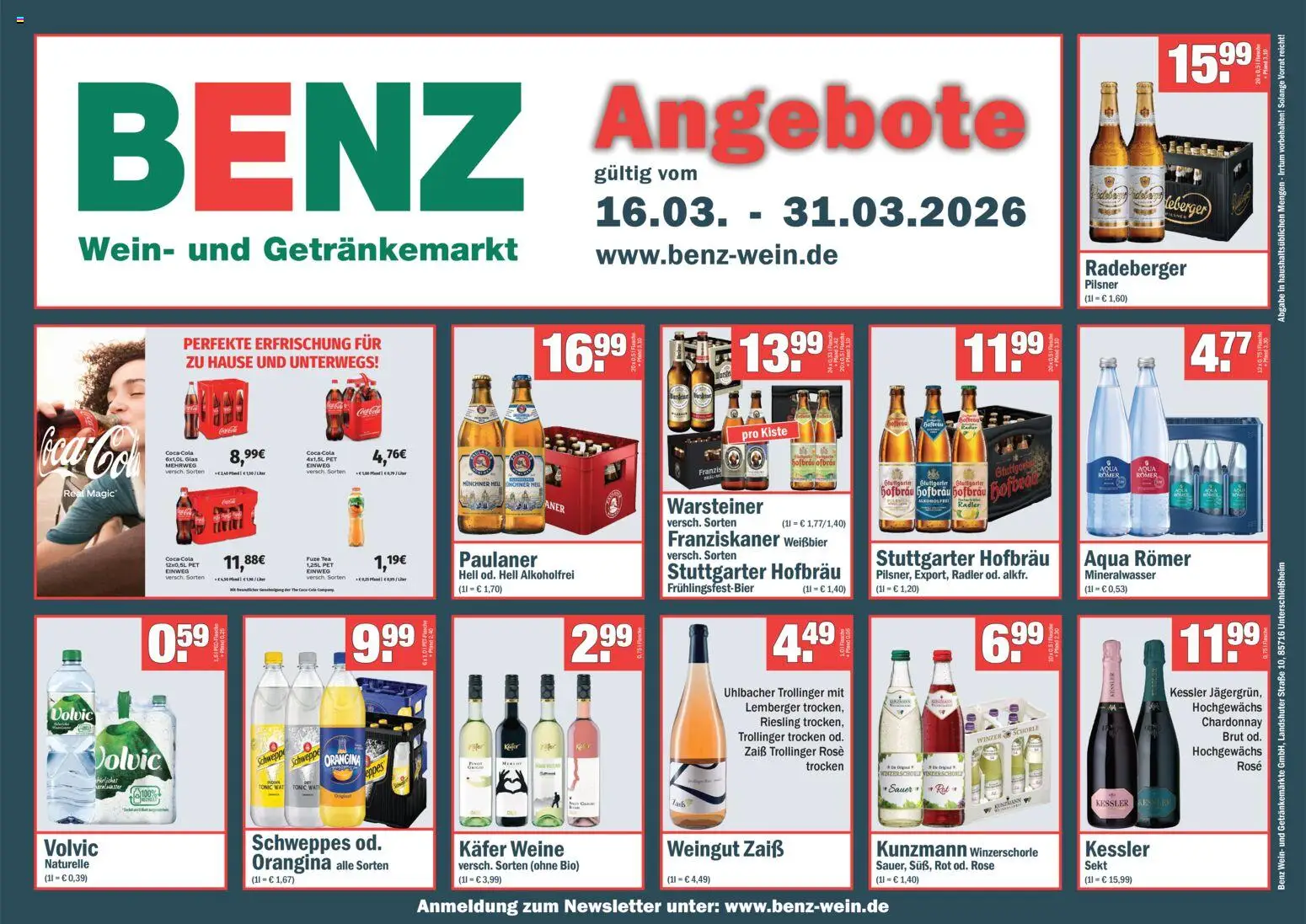 Benz Getränke Prospekt 	 – gültig ab 16.03.2026 | Seite: 1 | Produkte: Franziskaner, Fuze tea, Mineralwasser, Warsteiner