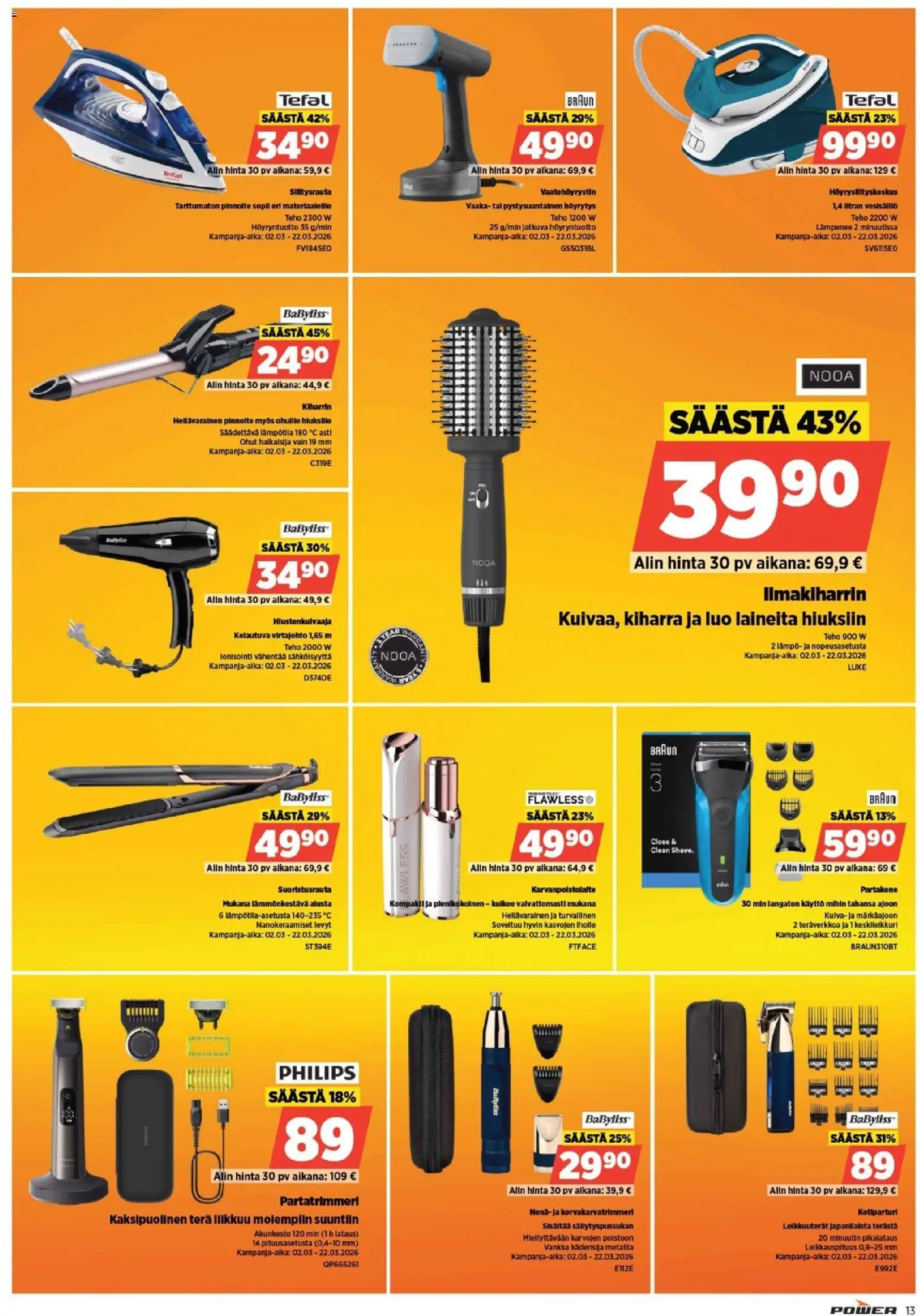 Power tarjoukset – voimassa 09.03.2026 alkaen | Sivu: 13 | Tuotteet: Ilmakiharrin, Vaaka, Silitysrauta, Partakone