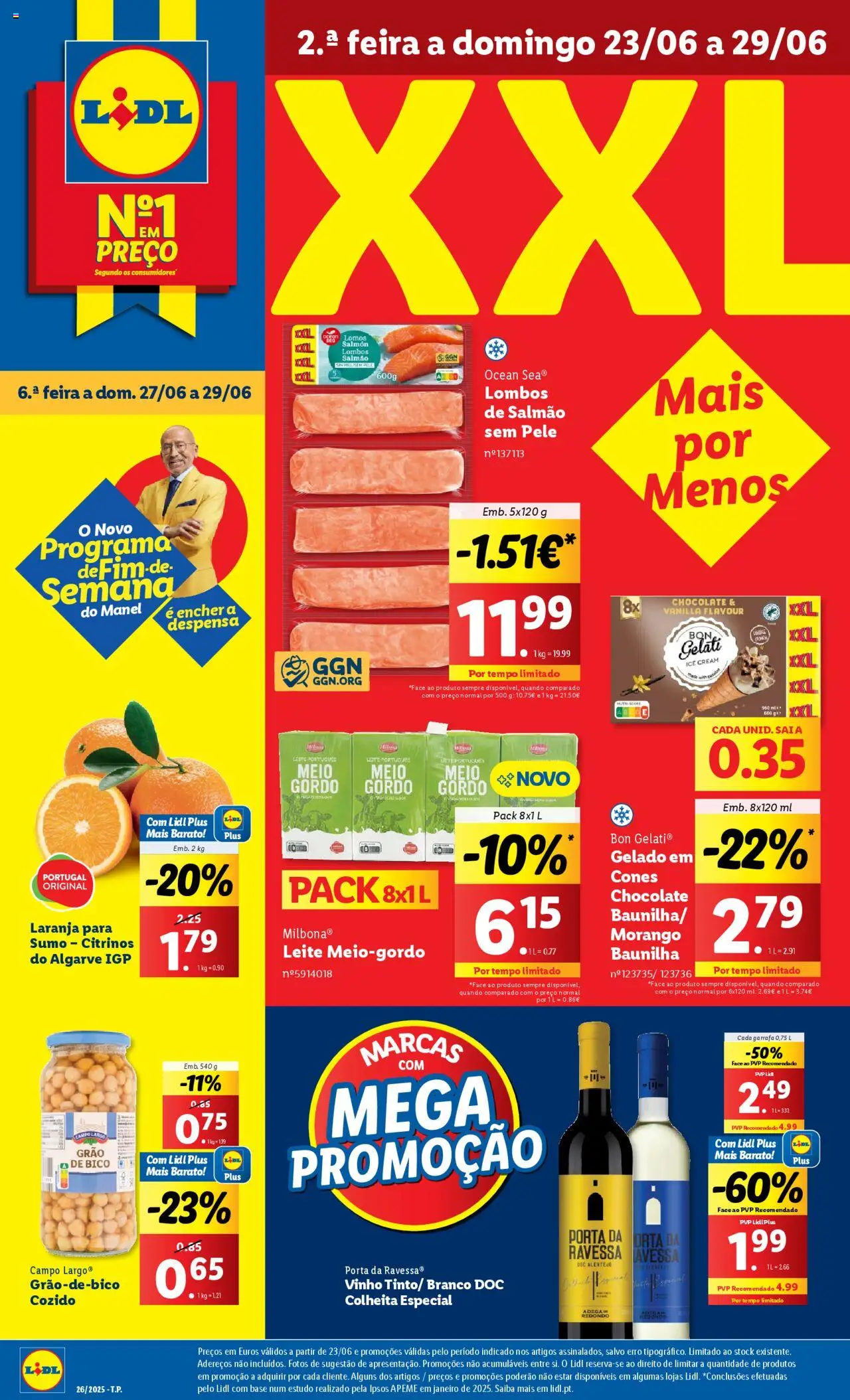 Lidl folheto │ válido de 23.06.2025 | Página: 1 | Produtos: Salmão, Gelado, Leite, Vinho