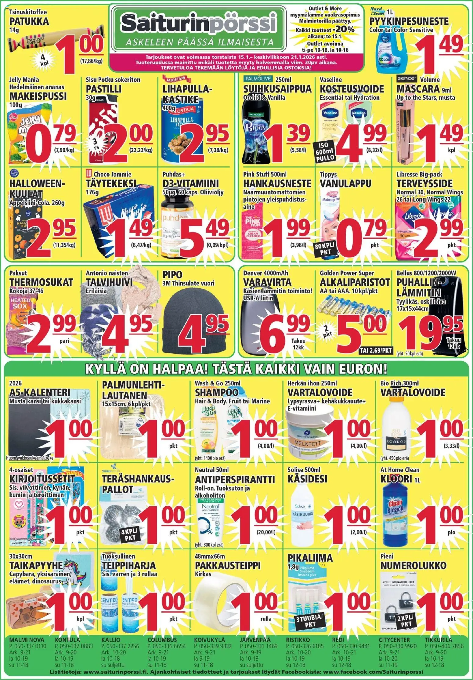 Saiturinpörssi tarjoukset – voimassa 15.01.2026 alkaen | Sivu: 1 | Tuotteet: Shampoo, Oliiviöljy, Pakkausteippi, Lautanen