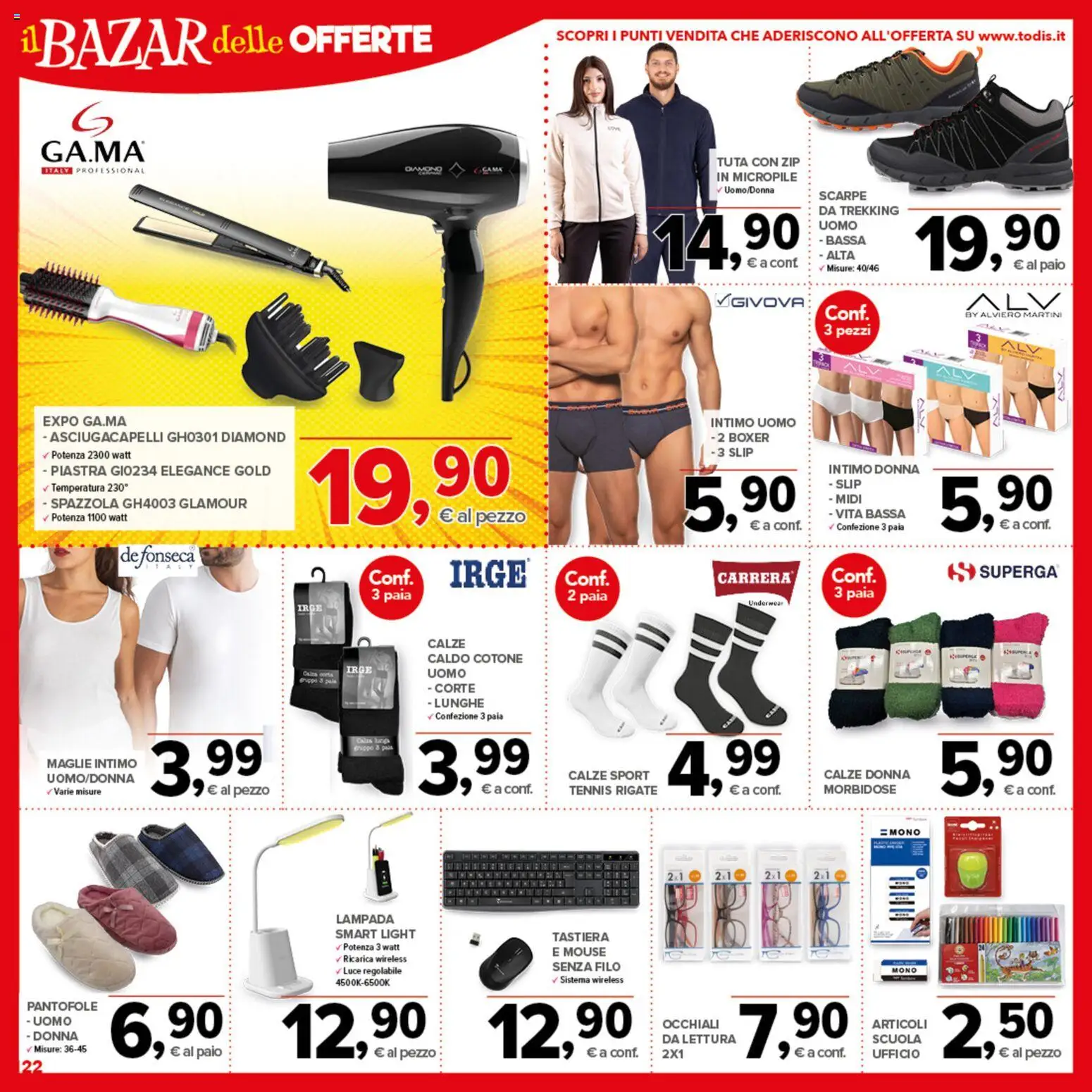 Volantino Todis del 08.01.2026 | Pagina: 22 | Prodotti: Intimo, Pantofole, Tastiera, Asciugacapelli