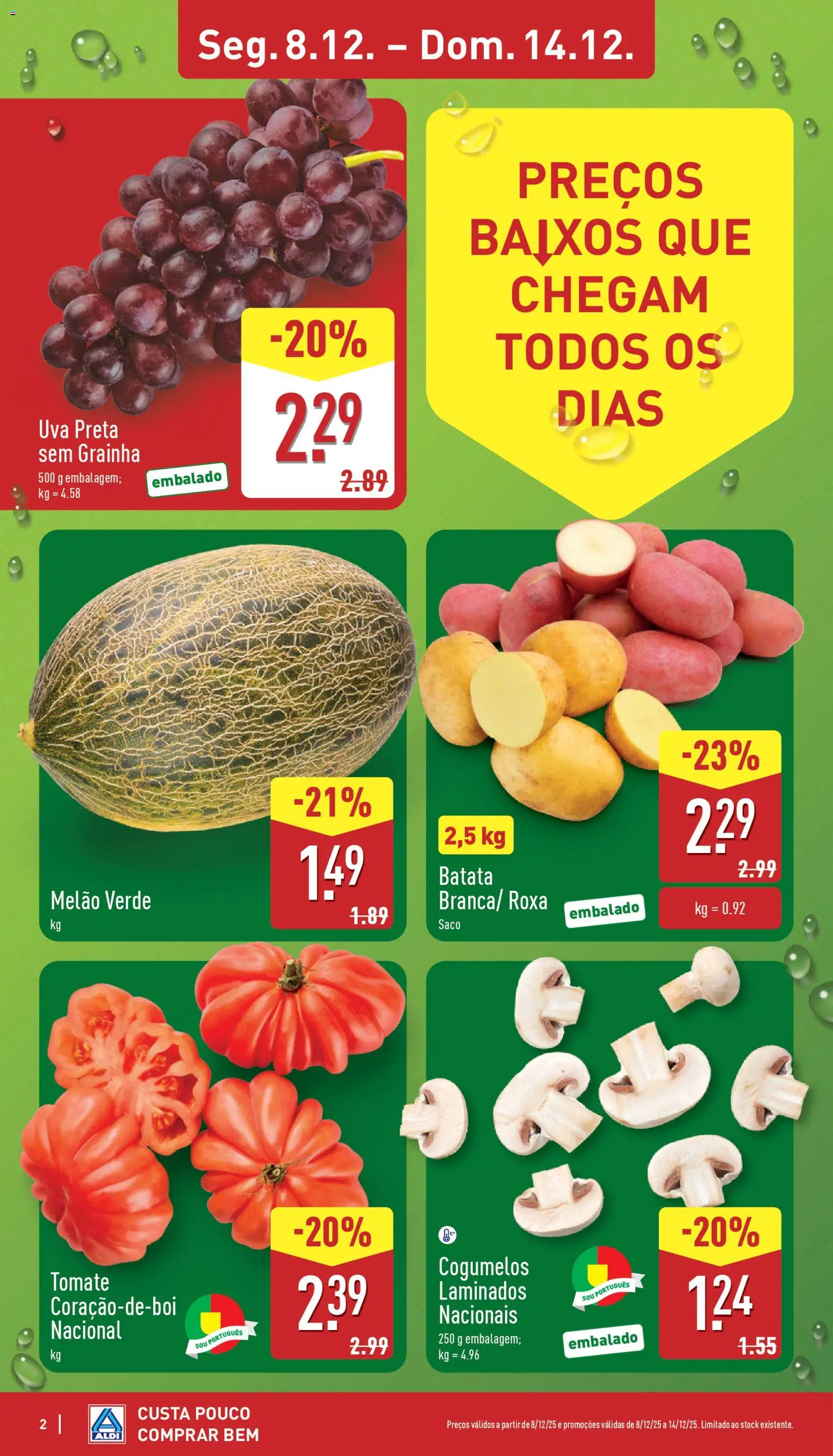 Aldi folheto │ válido de 08.12.2025 | Página: 2 | Produtos: Batata, Tomate, Melão, Cogumelos