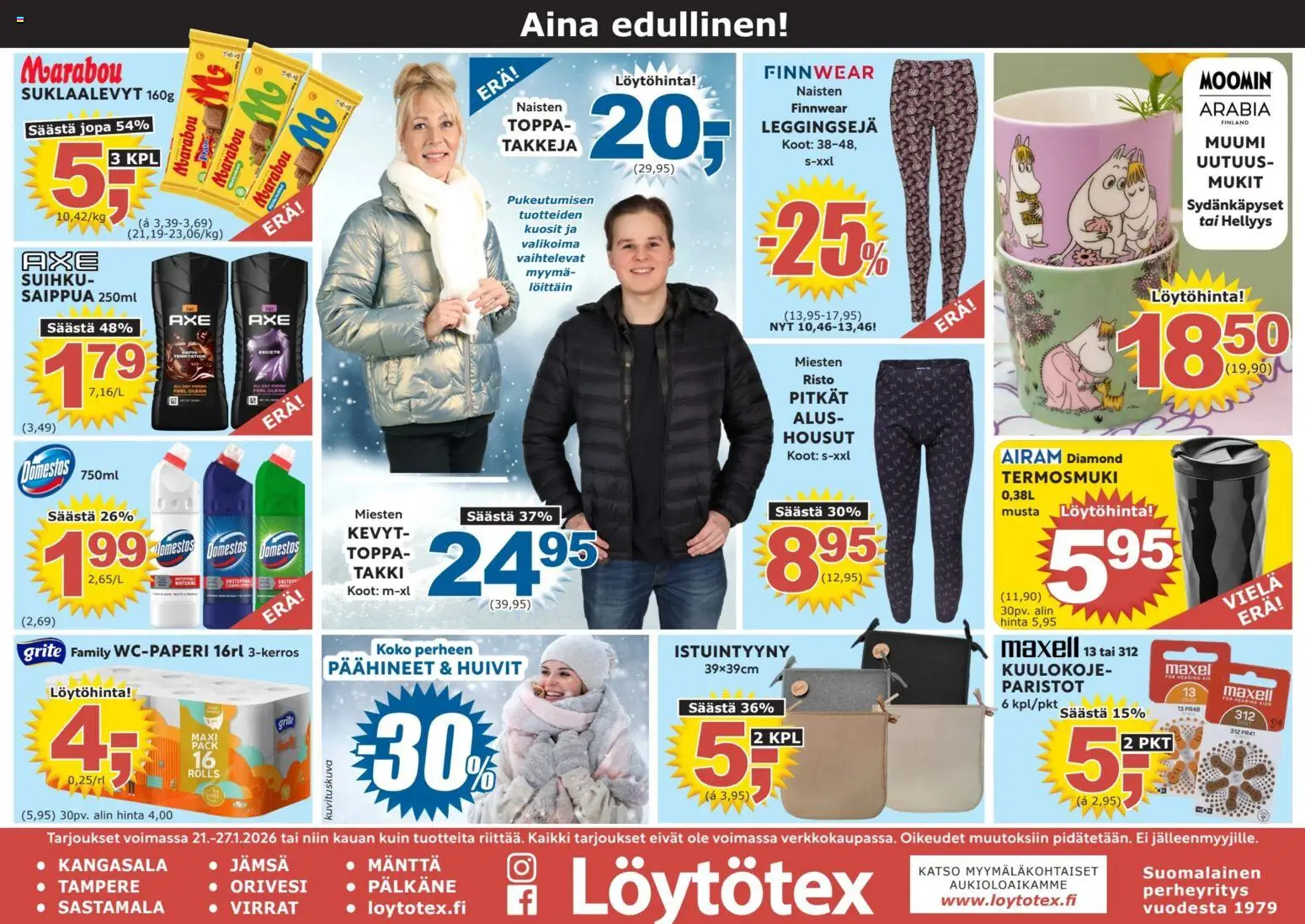 Löytötex tarjoukset – voimassa 21.01.2026 alkaen | Sivu: 1 | Tuotteet: Paristot, Suklaalevyt, Takki, Housut