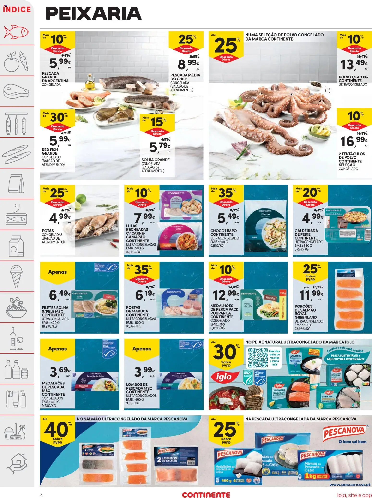 Continente folheto │ válido de 25.11.2025 | Página: 4 | Produtos: Caldeirada de peixe, Cabo, Lulas, Salmão