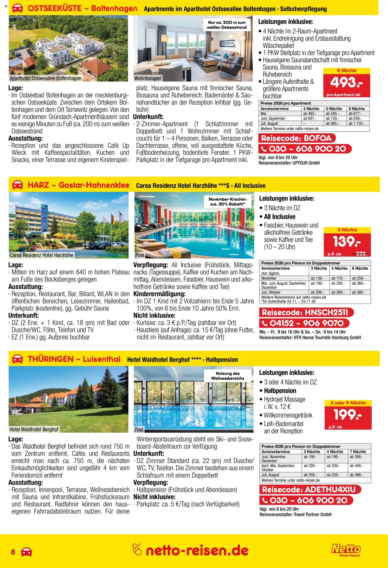 Netto Reisen Prospekt 	 – gültig ab 30.04.2026 | Seite: 8 | Produkte: Doppelbett, Bademantel, Uhr, TV