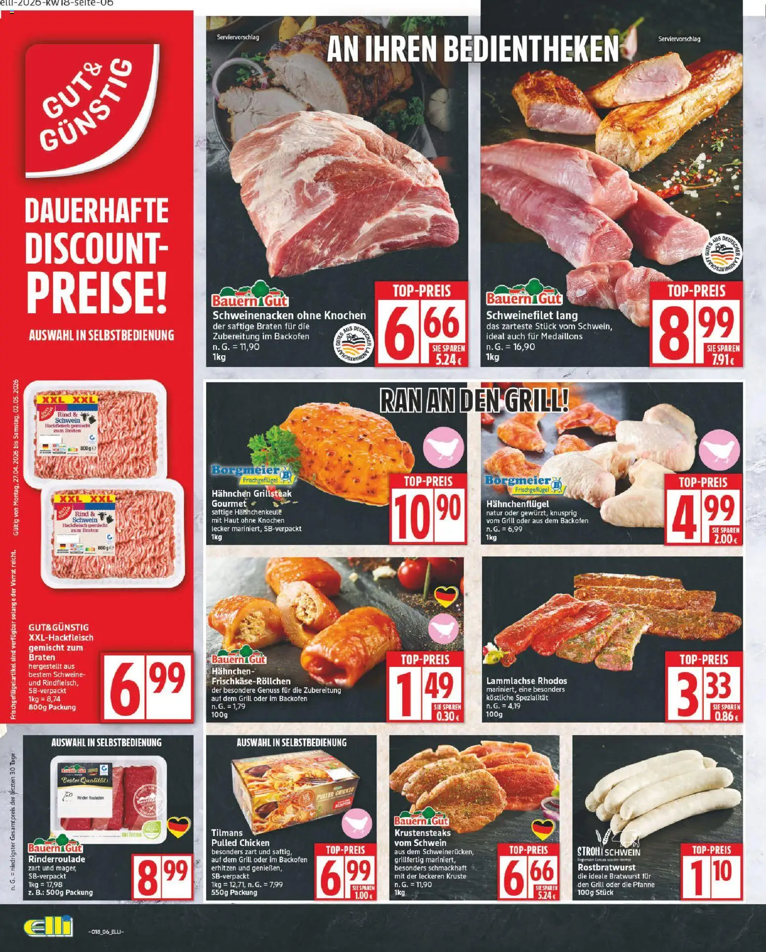Elli Markt Prospekt – gültig ab 27.04.2026 | Seite: 6 | Produkte: Grill, Hahnchen, Bratwurst, Schweinenacken