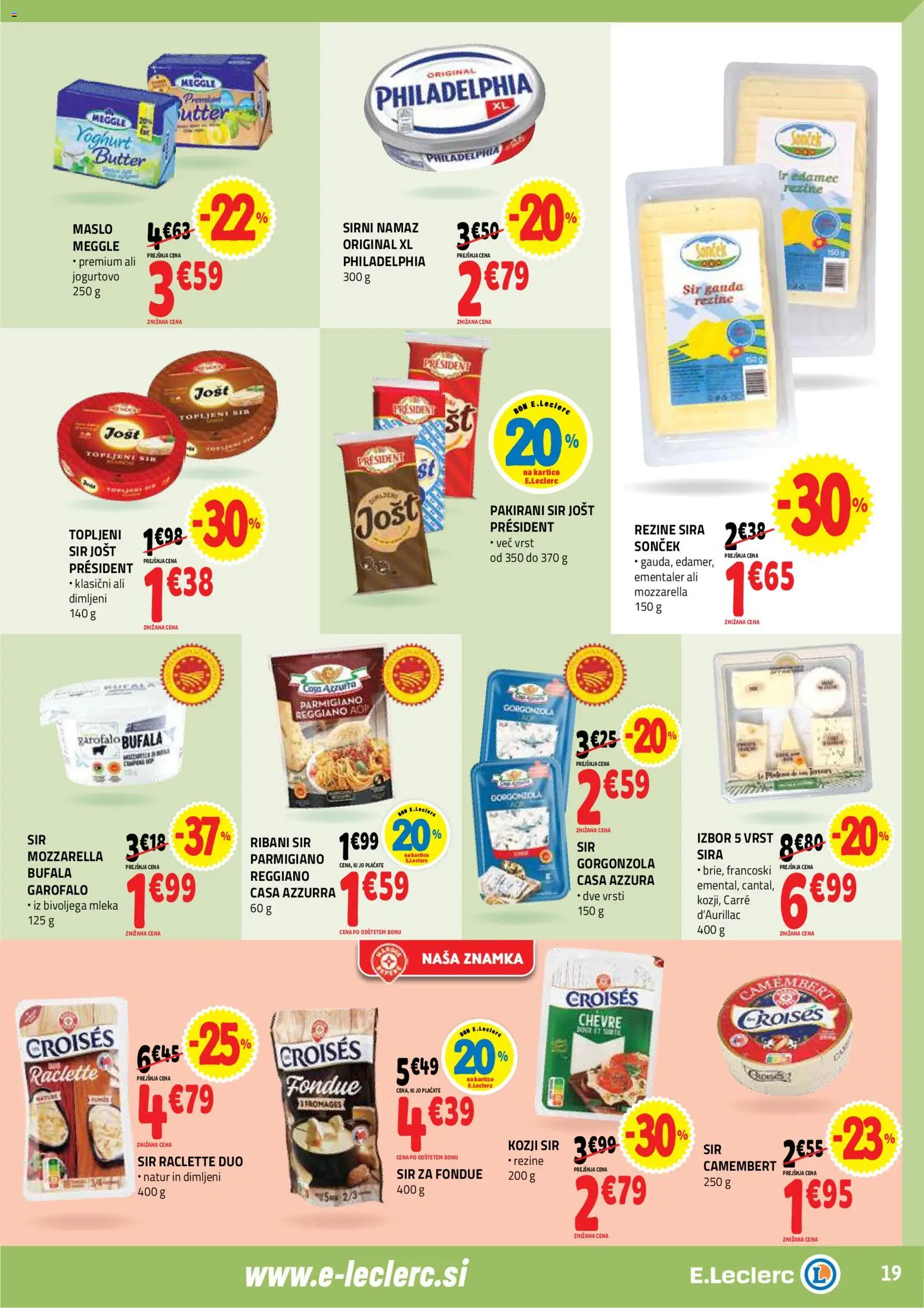 Novi E.leclerc katalog ponudbe – veljaven od 21.01.2026 | Stran: 19 | Izdelki: Sirni namaz, Edamec, Maslo, Sir