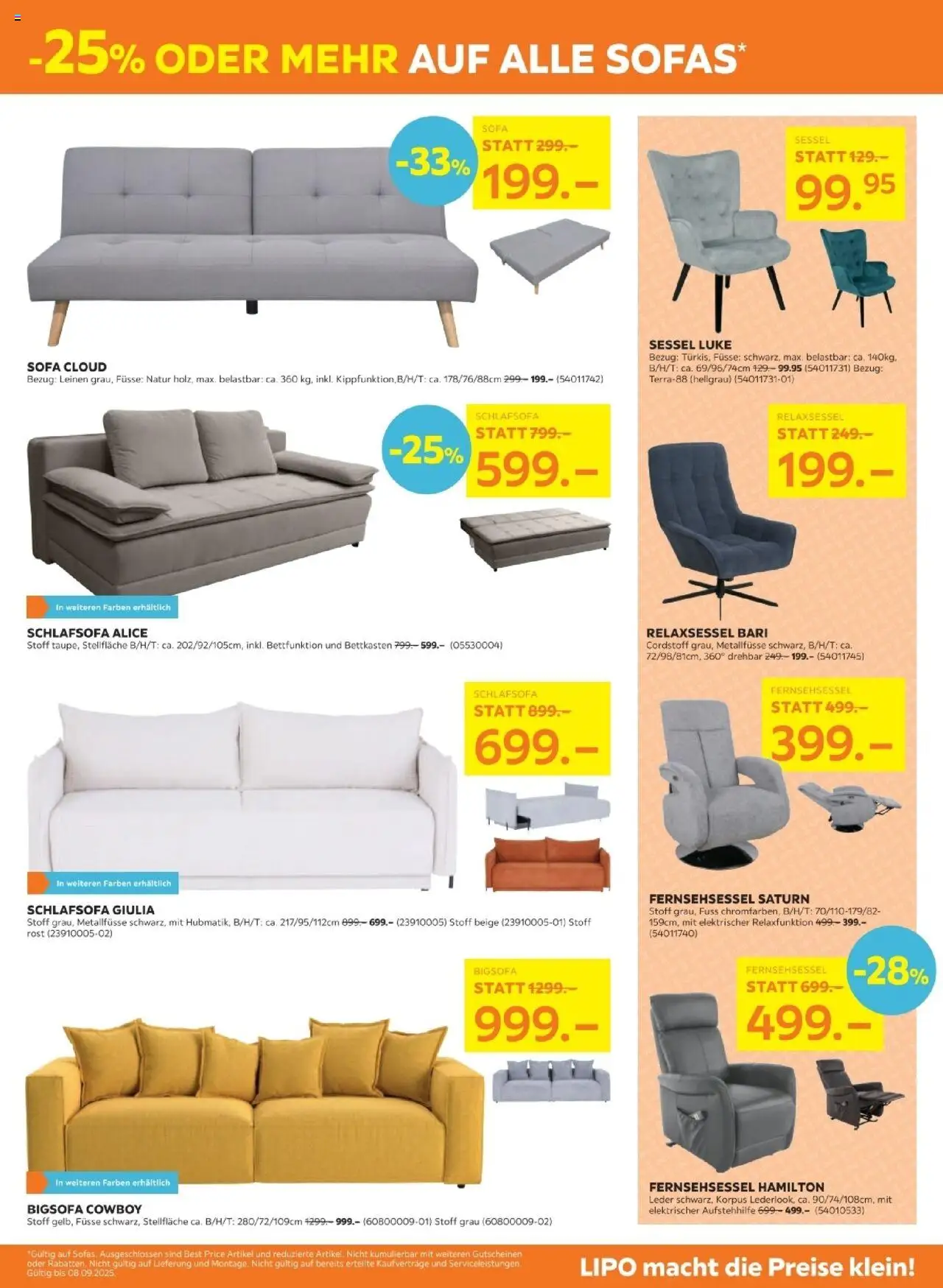 Lipo Aktionen ab 19.08.2025 | Seite: 3 | Produkte: Sessel, Fernsehsessel, Bigsofa, Relaxsessel