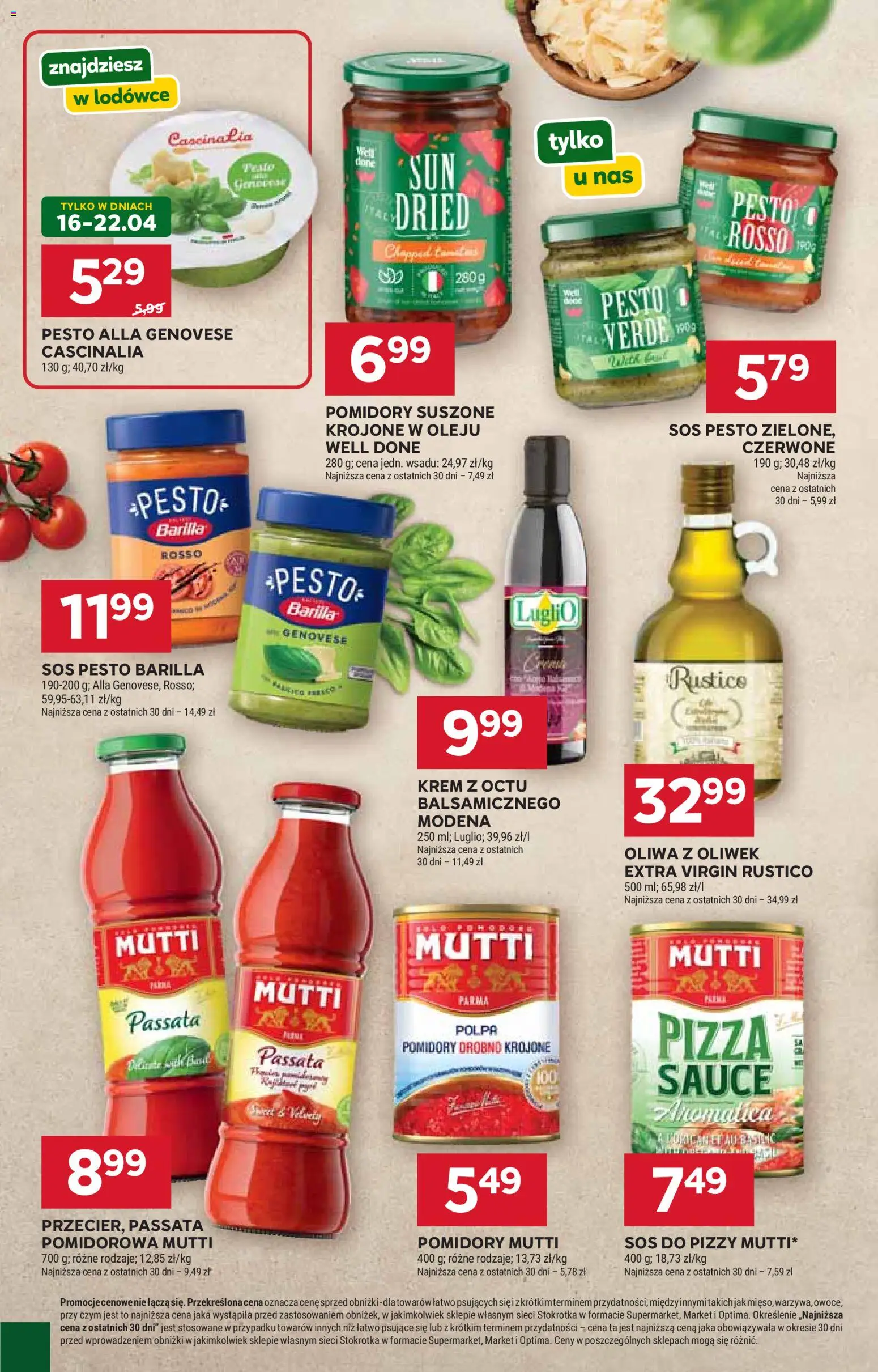 Stokrotka gazetka od 16.04.2026 | Strona: 34 | Produkty: Oliwa z oliwek, Stokrotka, Passata pomidorowa, Sos pesto