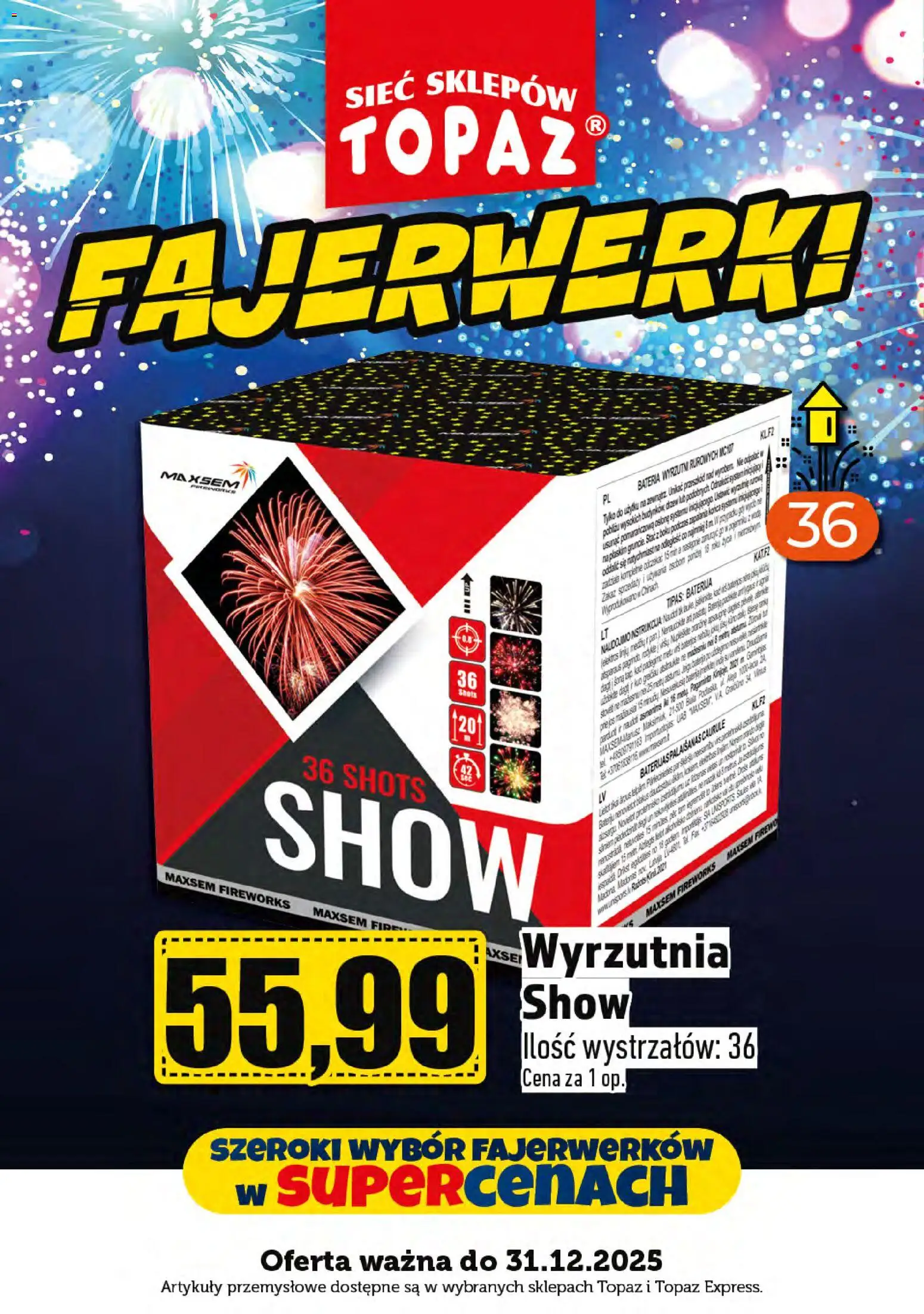 Topaz Gazetka - Fajerwerki od 01.12.2025 | Strona: 14 | Produkty: Wyrzutnia, Artykuły przemysłowe, Fajerwerki, Bateria