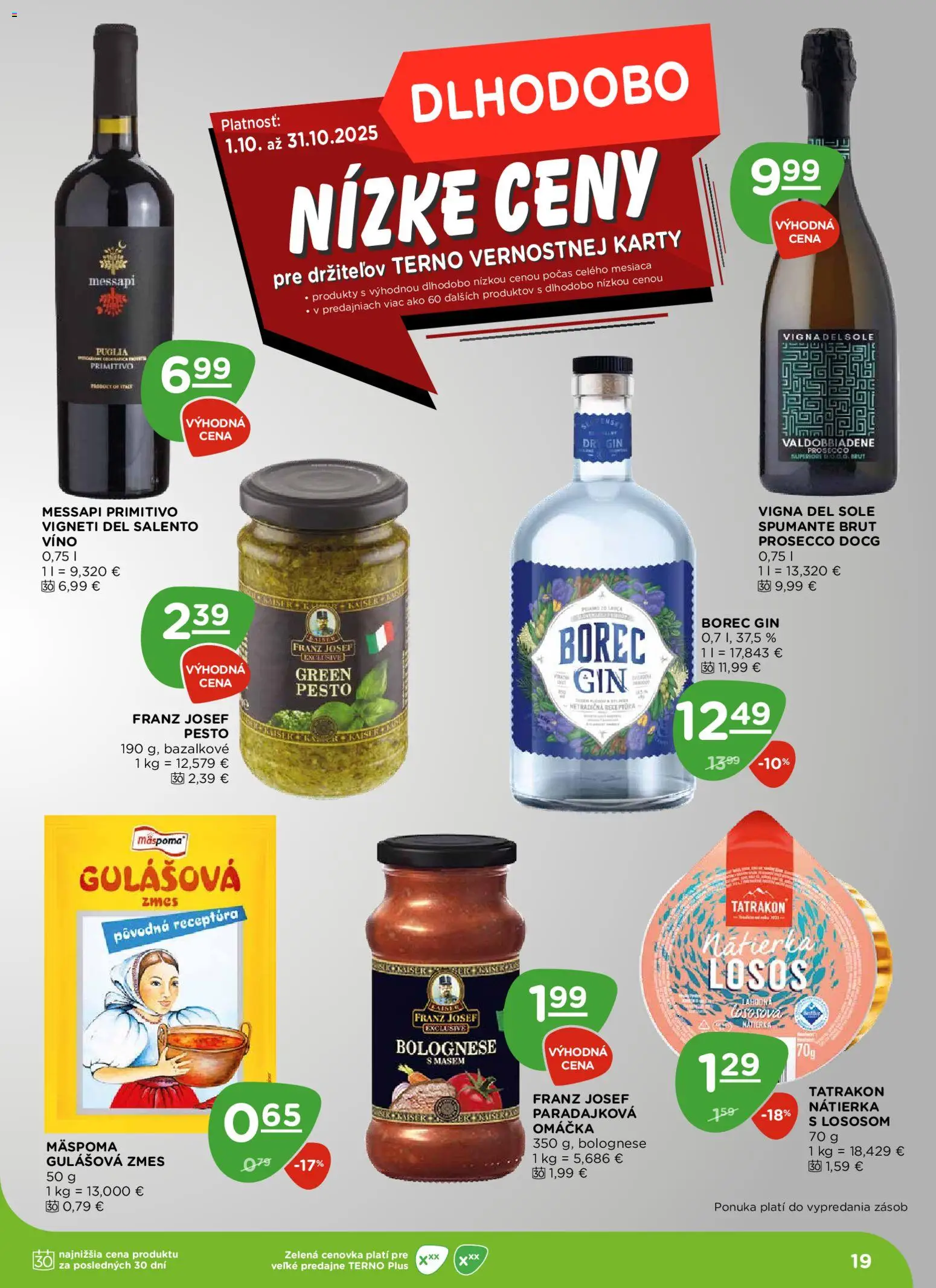 Nové Terno akcie – leták je platný od 23.10.2025 | Strana: 19 | Produkty: Víno, Prosecco, Losos, Omáčka
